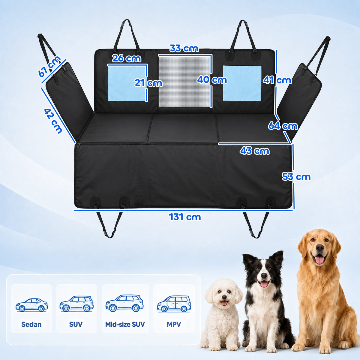 Dog Car Seat Cover, Waterproof Dog Travel Hammock with Non-Slip & Anti-Scratch Surface, Mesh Window and Pockets, Foldable Back Seat Cover for Cars, Trucks and SUVs, Blue