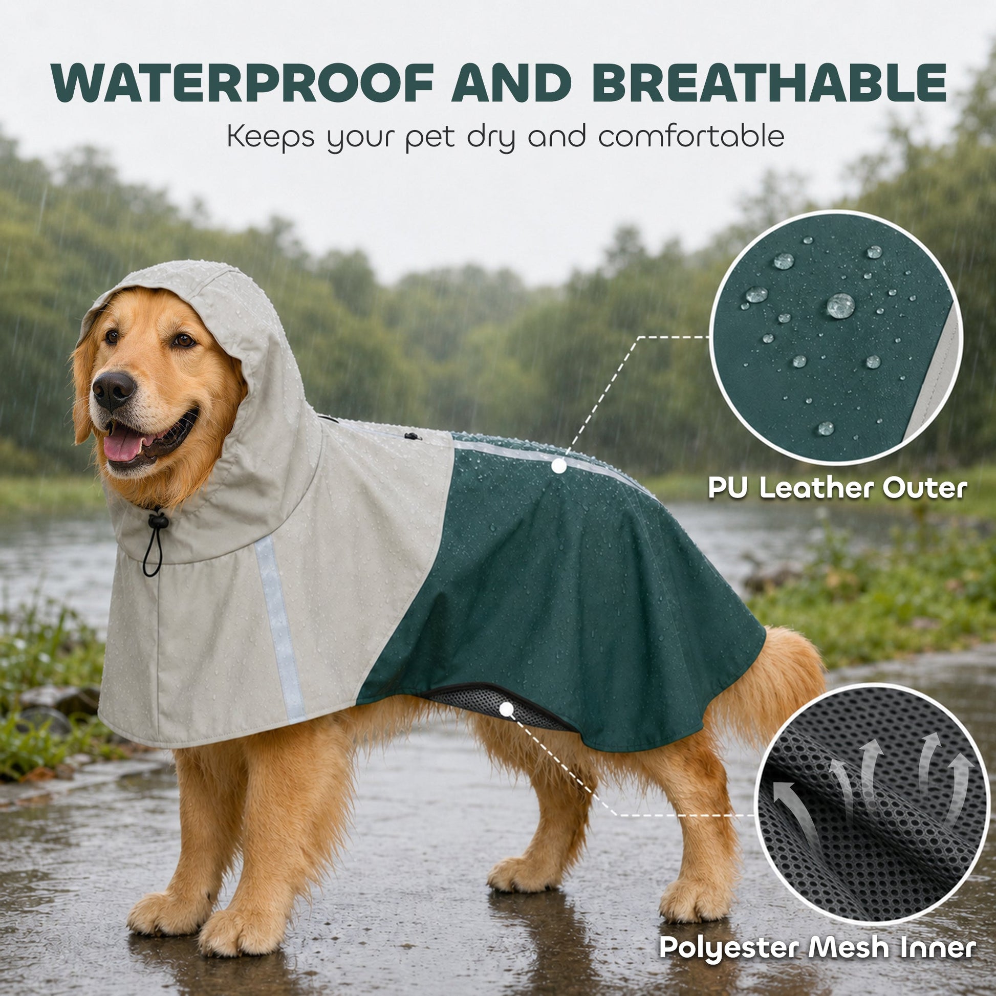 Dog Raincoat with Hood, Waterproof & Breathable Rain Jacket with Reflective Strips and Leash Hole, Adjustable Poncho for Large Dogs, 20-30 KG Available, Green, L