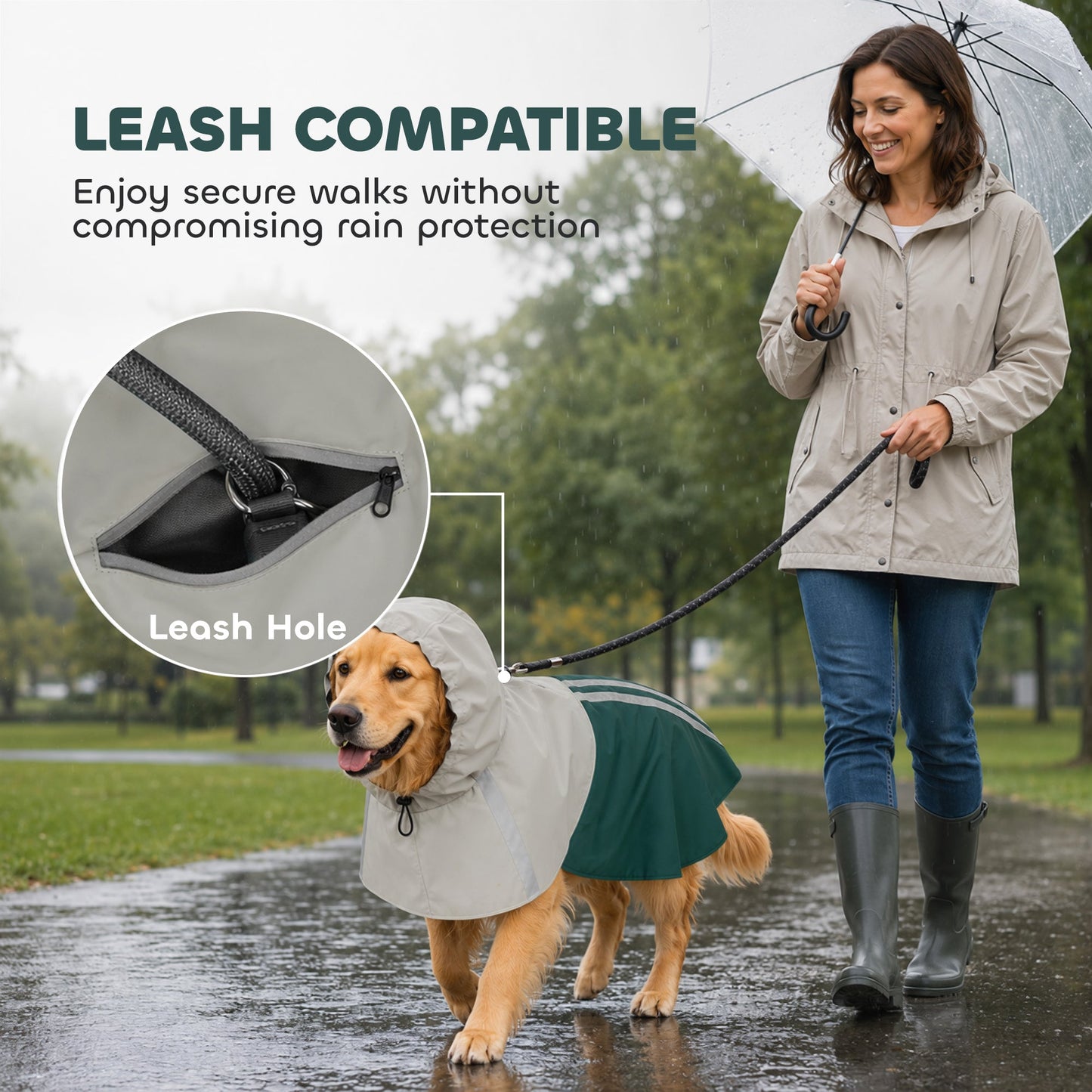 Dog Raincoat with Hood, Waterproof & Breathable Rain Jacket with Reflective Strips and Leash Hole, Adjustable Poncho for Large Dogs, 20-30 KG Available, Green, L