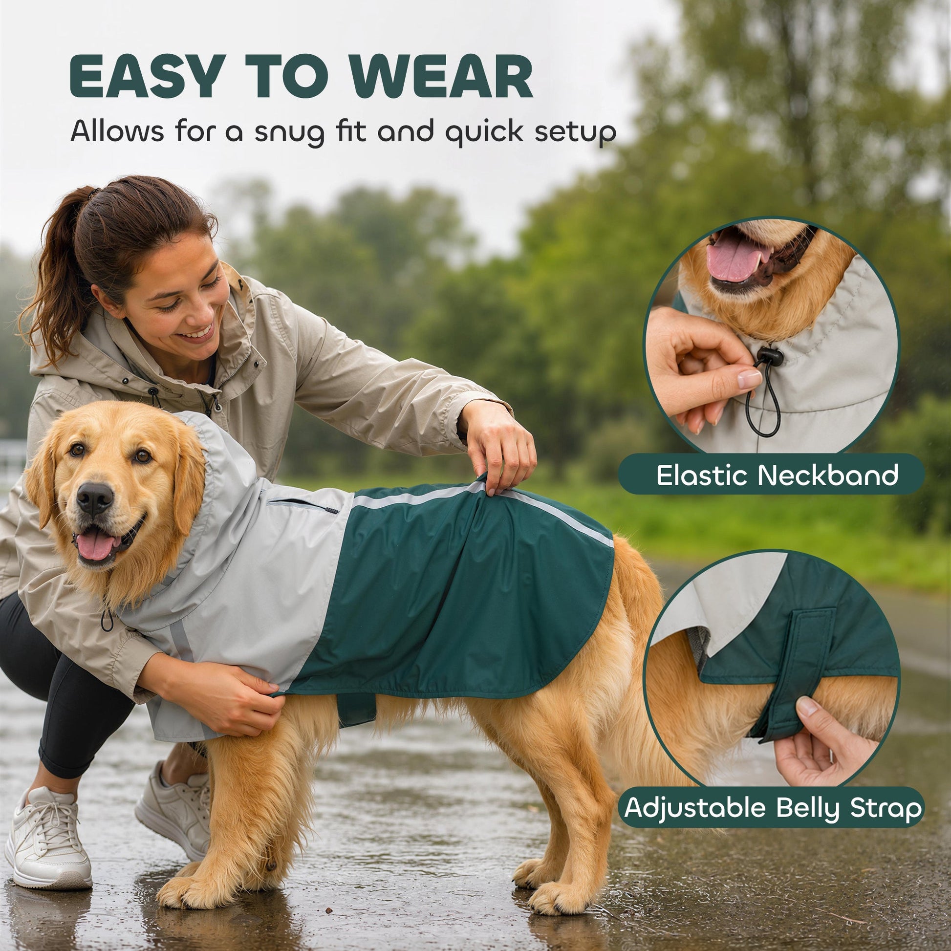 Dog Raincoat with Hood, Waterproof & Breathable Rain Jacket with Reflective Strips and Leash Hole, Adjustable Poncho for Large Dogs, 20-30 KG Available, Green, L