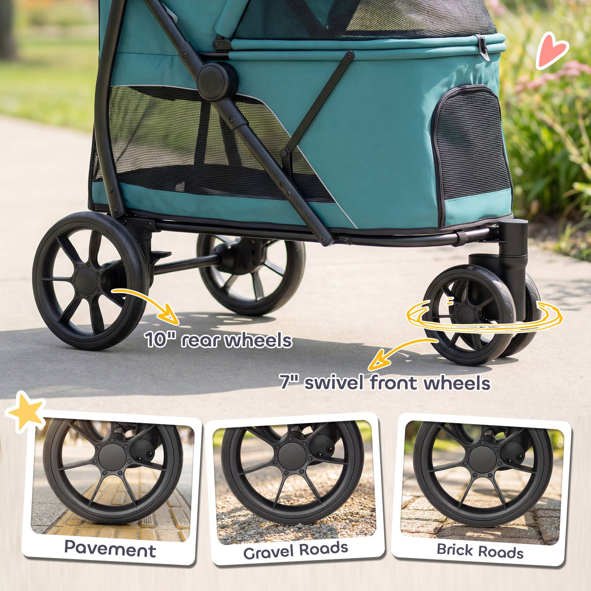 Dog Stroller, 3 Wheels Pet Stroller with Dual Entry, Easy One-Click Quick Fold, Mesh Windows, Washable Cushion, Pet Travel Buggy for Small and Medium Dogs and Cats, Dark Green