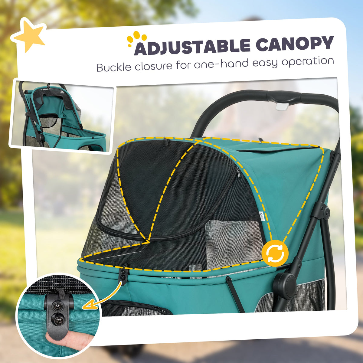 Dog Stroller, 3 Wheels Pet Stroller with Dual Entry, Easy One-Click Quick Fold, Mesh Windows, Washable Cushion, Pet Travel Buggy for Small and Medium Dogs and Cats, Dark Green