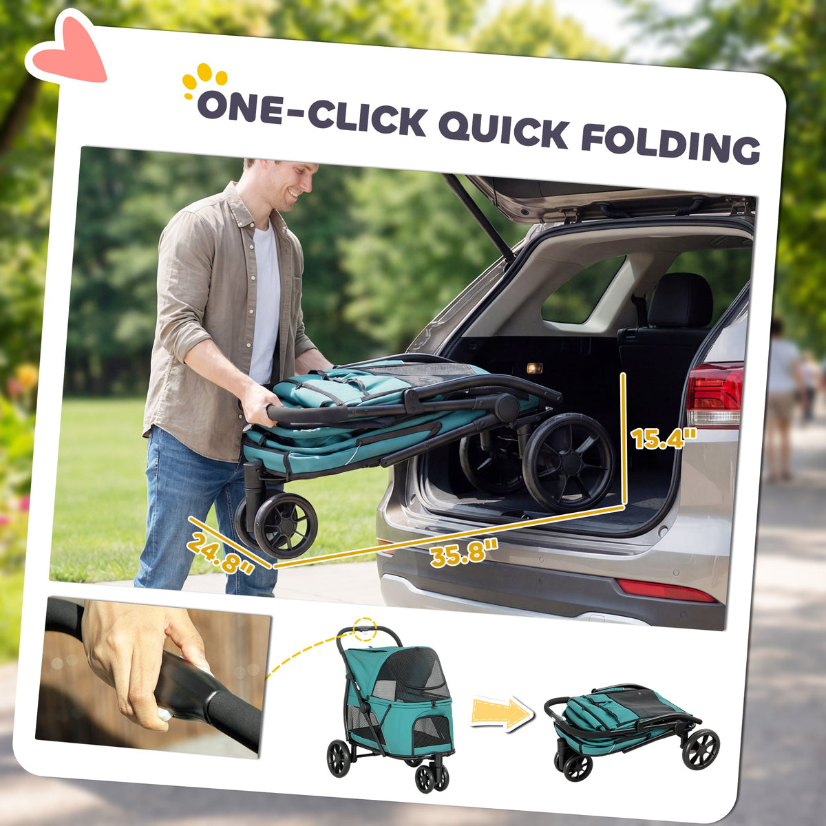 Dog Stroller, 3 Wheels Pet Stroller with Dual Entry, Easy One-Click Quick Fold, Mesh Windows, Washable Cushion, Pet Travel Buggy for Small and Medium Dogs and Cats, Dark Green