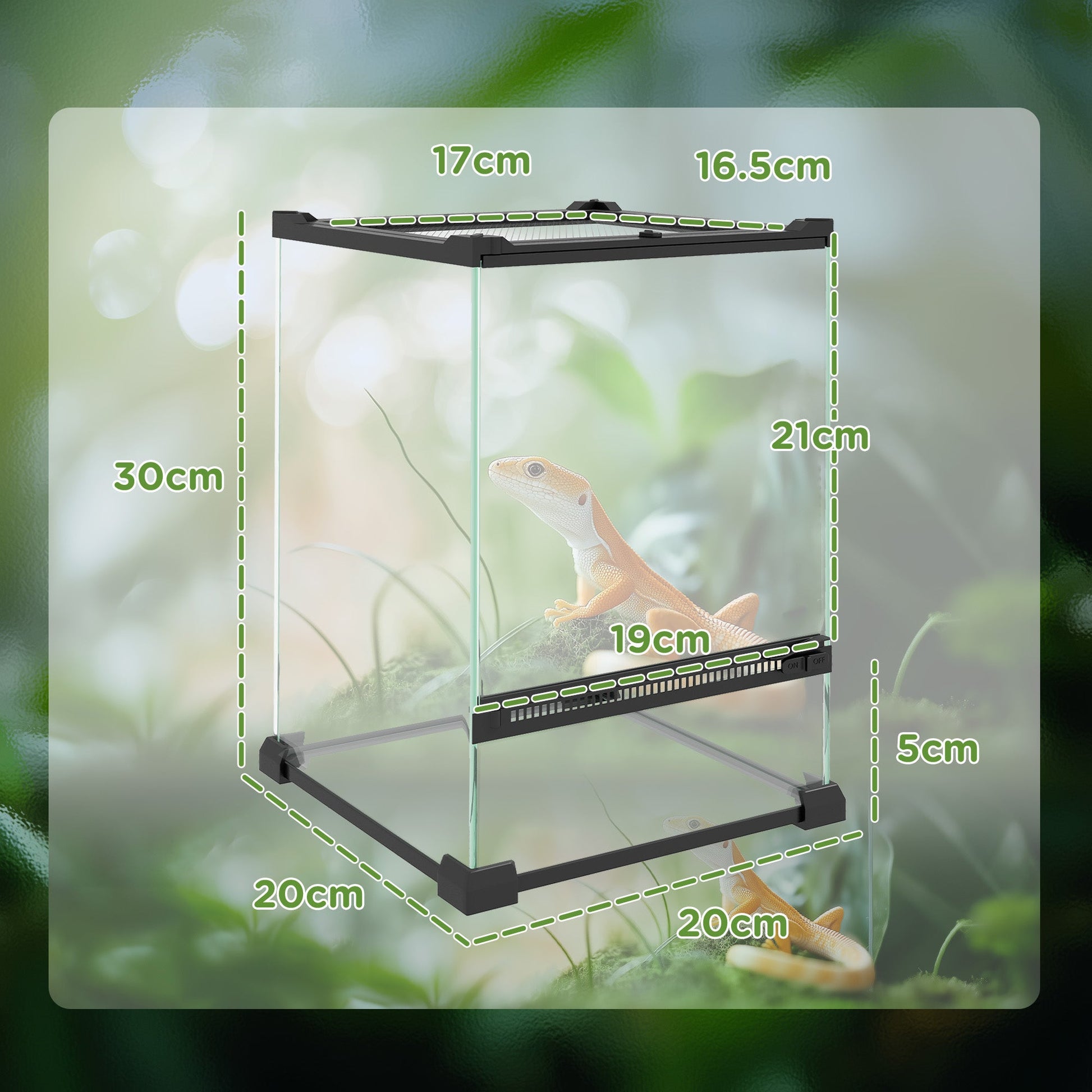 Glass Reptile Terrarium, 12L Vivarium for Lizards, Frogs, Snakes, Turtles, Tortoises, with Ventilation, 20 x 20 x 30cm