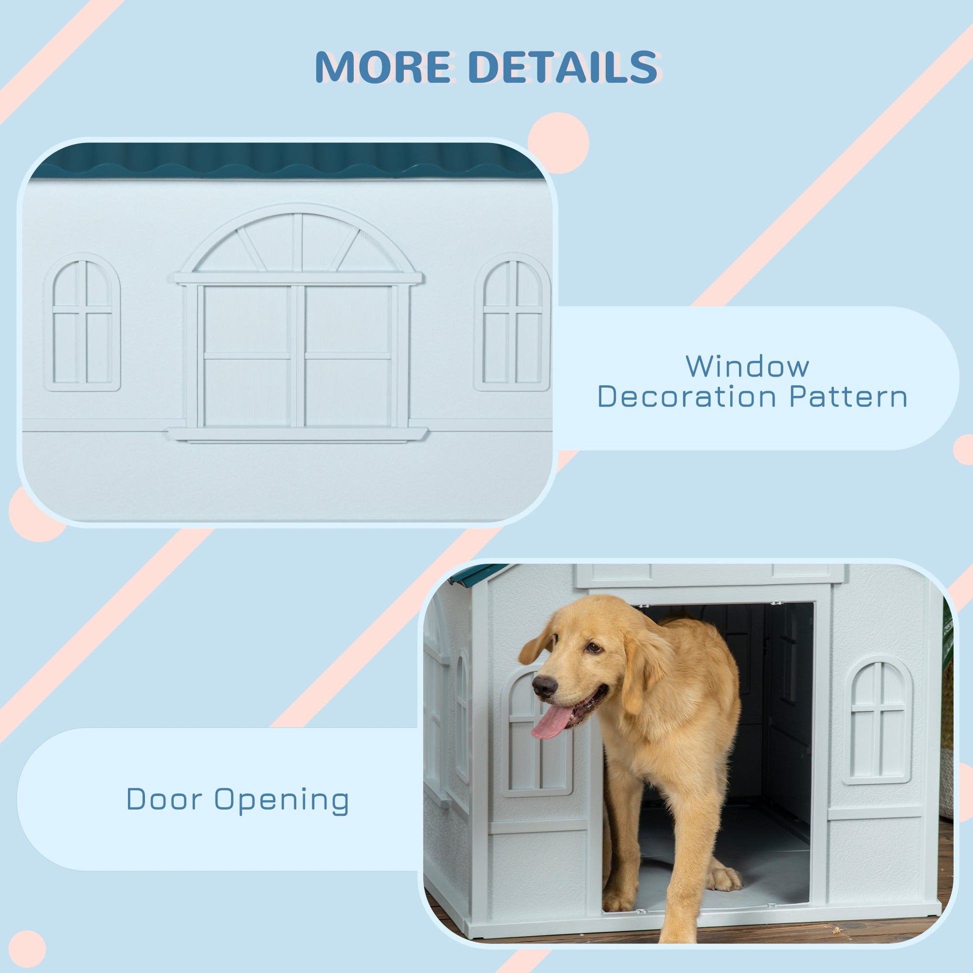 Plastic Dog House Outdoor Indoor, Weather-Resistant Dog Kennel, with Large Opening, for Large Dogs, 84.2 x 98.2 x 82cm - White and Blue