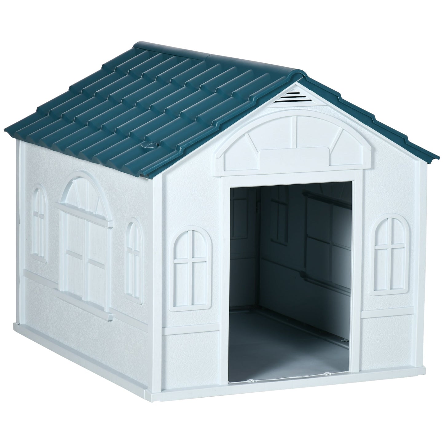 Plastic Dog House Outdoor Indoor, Weather-Resistant Dog Kennel, with Large Opening, for Large Dogs, 84.2 x 98.2 x 82cm - White and Blue