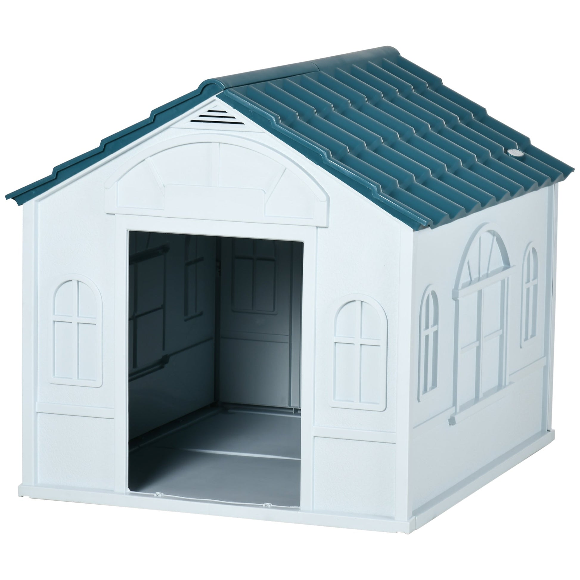 Plastic Dog House Outdoor Indoor, Weather-Resistant Dog Kennel, with Large Opening, for Large Dogs, 84.2 x 98.2 x 82cm - White and Blue