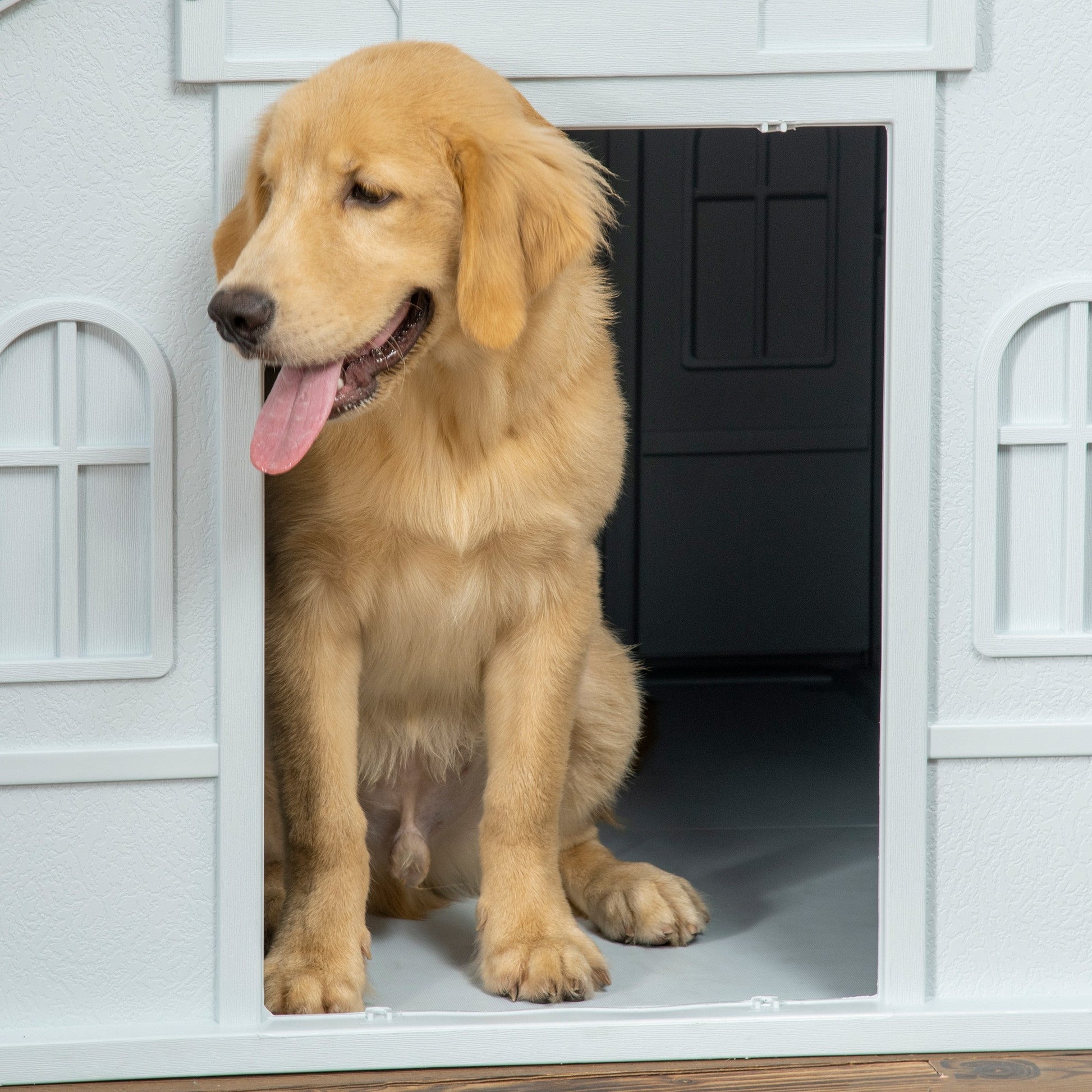 Plastic Dog House Outdoor Indoor, Weather-Resistant Dog Kennel, with Large Opening, for Large Dogs, 84.2 x 98.2 x 82cm - White and Blue