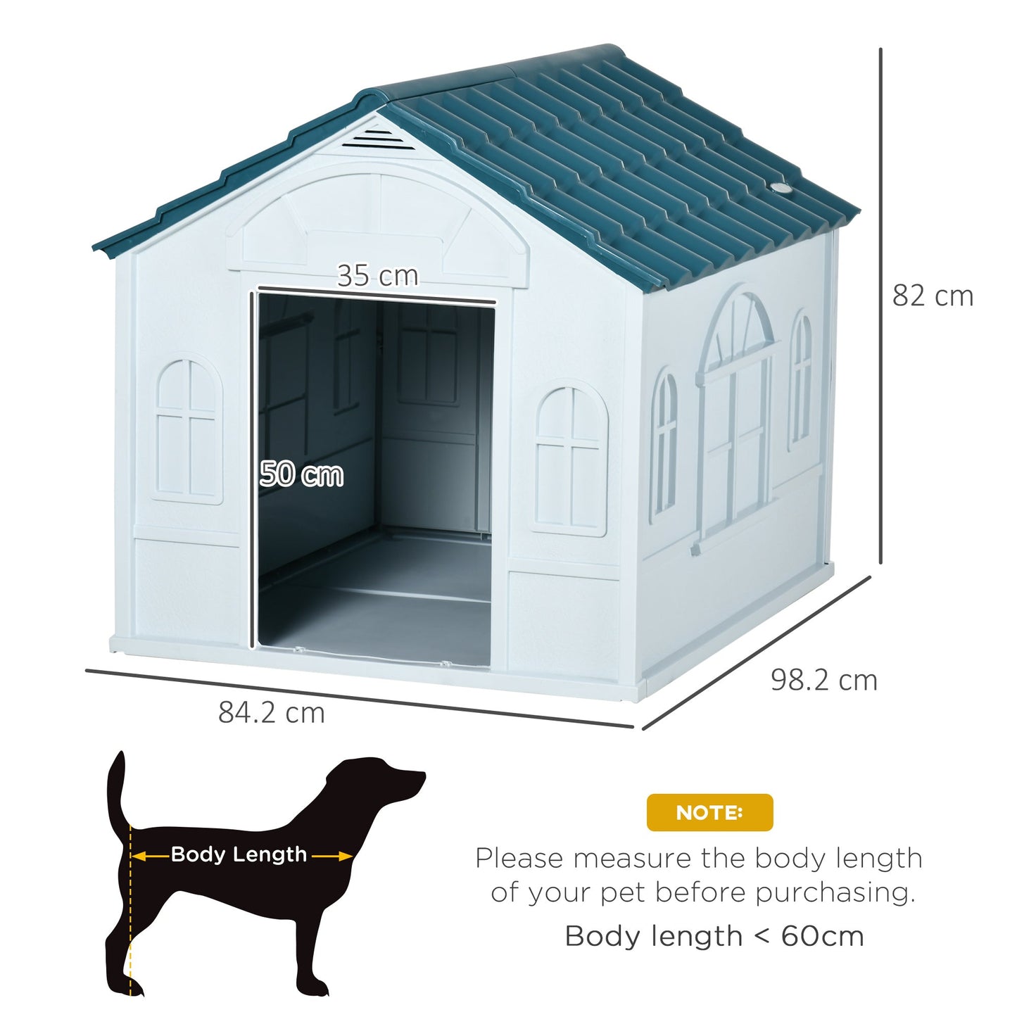 Plastic Dog House Outdoor Indoor, Weather-Resistant Dog Kennel, with Large Opening, for Large Dogs, 84.2 x 98.2 x 82cm - White and Blue