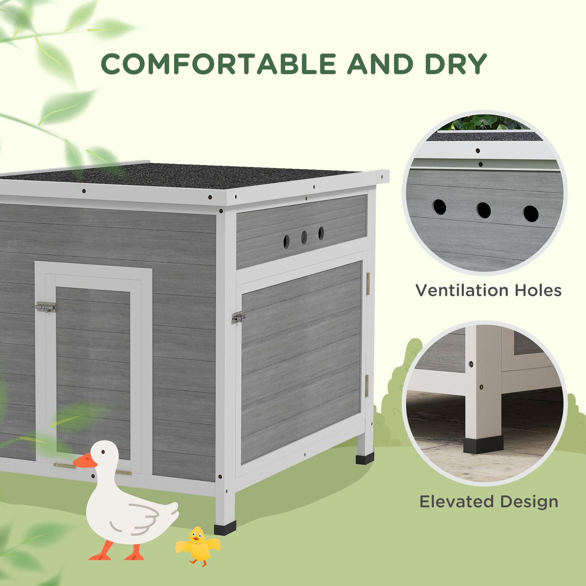 Wooden Duck House, Raised Poultry Coop with Ramp, Double Doors, Openable Asphalt Roof, Ventilation Holes, Removable Base, for 2-4 Ducks, Chickens, Geese, Light Grey
