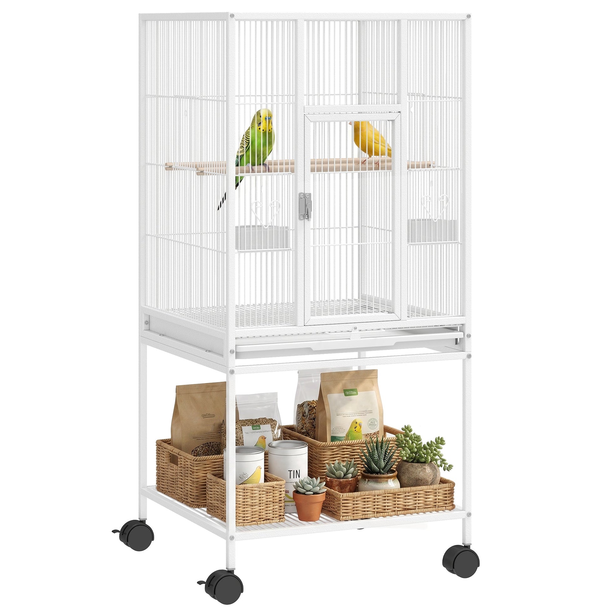 Detachable Bird Cage on Wheels, for Finches, Parakeets, Budgies, Budgie Cage, Parrot Aviary with Accessories, Storage Shelf - White