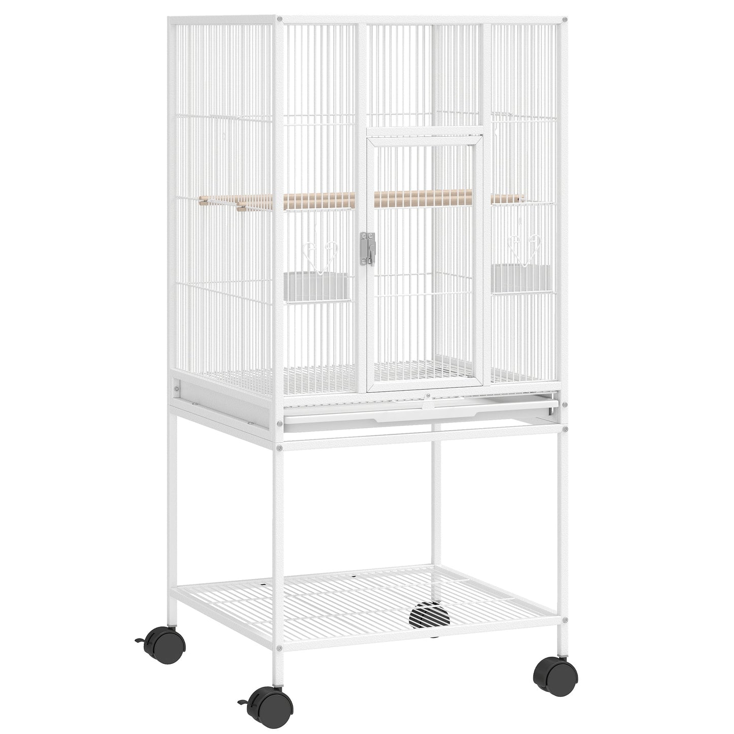 Detachable Bird Cage on Wheels, for Finches, Parakeets, Budgies, Budgie Cage, Parrot Aviary with Accessories, Storage Shelf - White