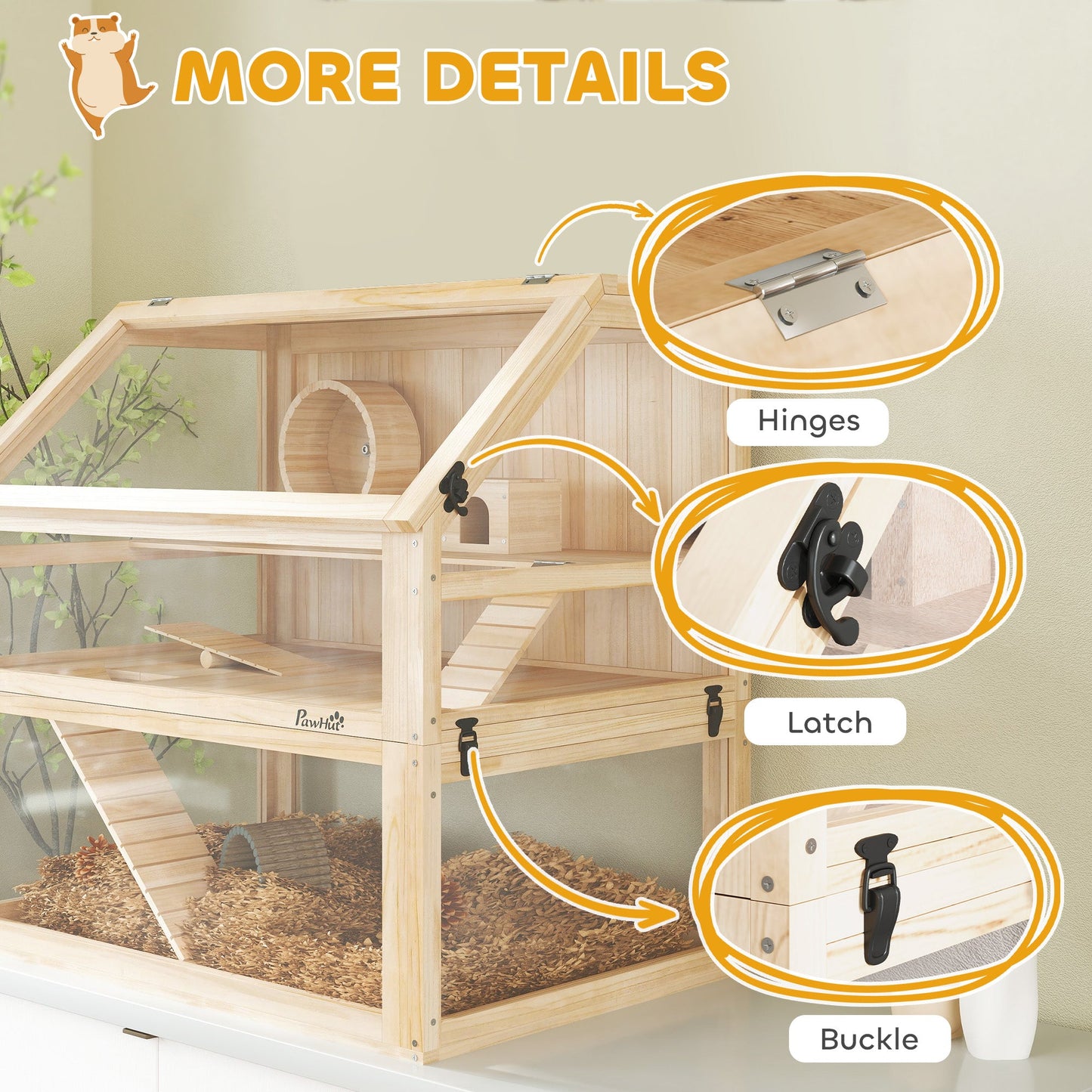 Wooden Hamster Cage, 3 Tier Small Gerbil Cage with Detachable 31cm Deep Bottom, Hut, Seesaw, Exercise Wheel, Ramps, Natural Wood Finish
