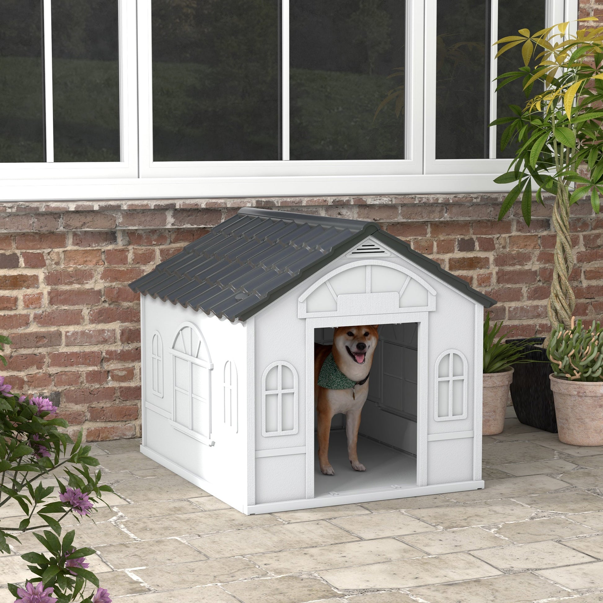 Plastic Dog House Outdoor Indoor, Weather-Resistant Dog Kennel, with Large Opening, for Large Dogs, 84.2 x 98.2 x 82cm - Grey