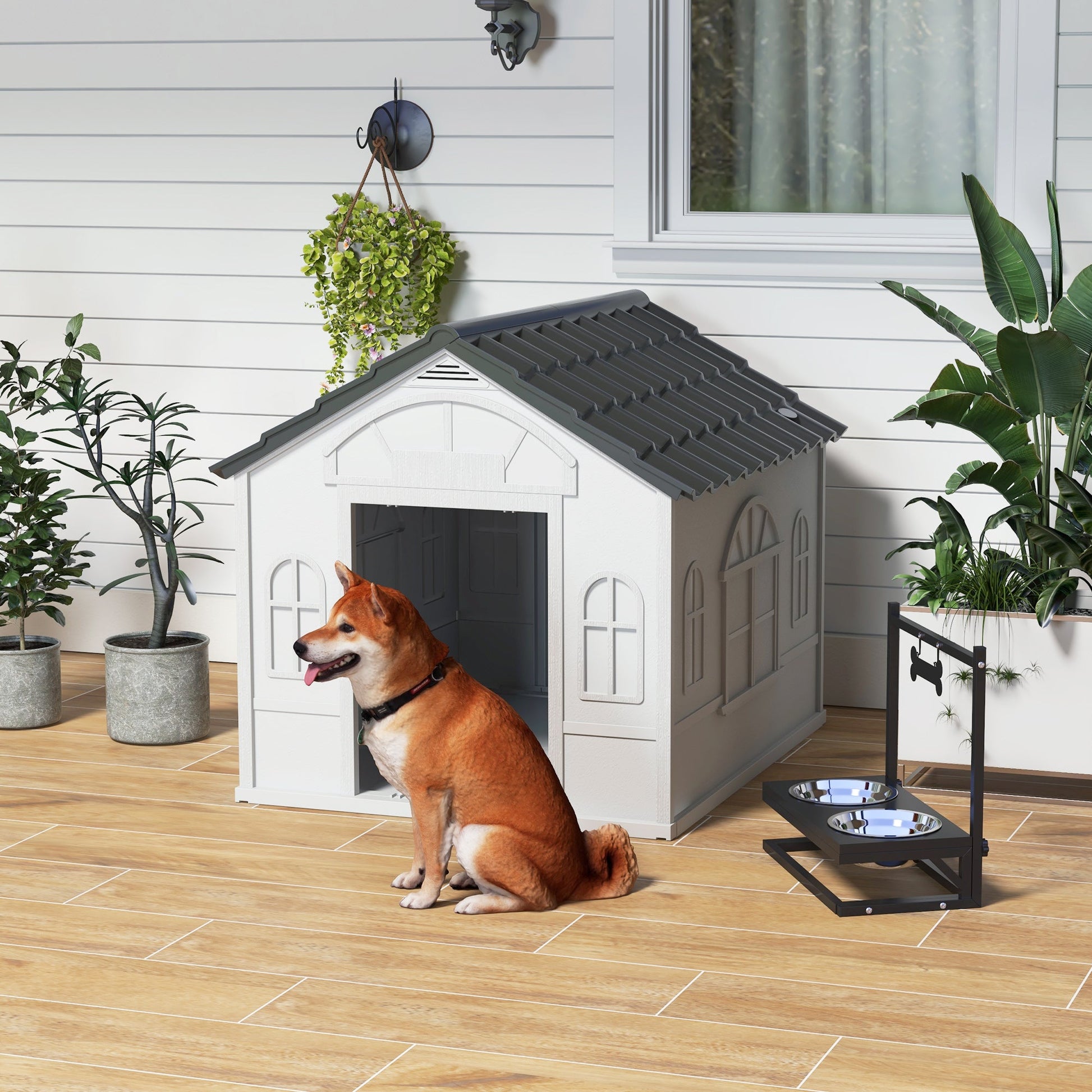 Plastic Dog House Outdoor Indoor, Weather-Resistant Dog Kennel, with Large Opening, for Large Dogs, 84.2 x 98.2 x 82cm - Grey