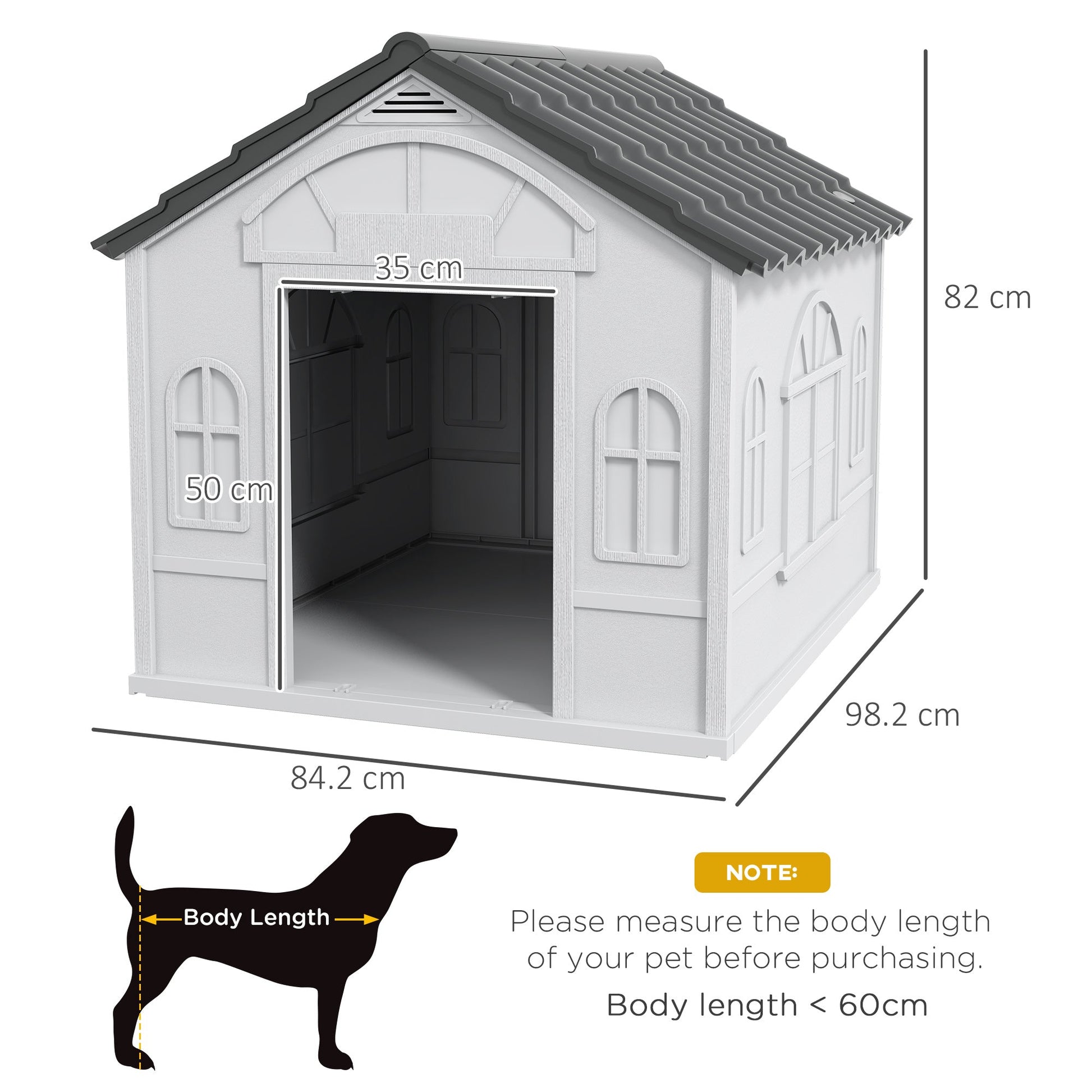 Plastic Dog House Outdoor Indoor, Weather-Resistant Dog Kennel, with Large Opening, for Large Dogs, 84.2 x 98.2 x 82cm - Grey