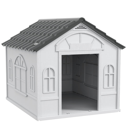Plastic Dog House Outdoor Indoor, Weather-Resistant Dog Kennel, with Large Opening, for Large Dogs, 84.2 x 98.2 x 82cm - Grey