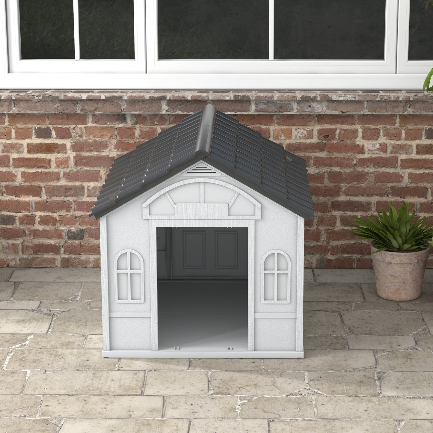 Plastic Dog House Outdoor Indoor, Weather-Resistant Dog Kennel, with Large Opening, for Large Dogs, 84.2 x 98.2 x 82cm - Grey