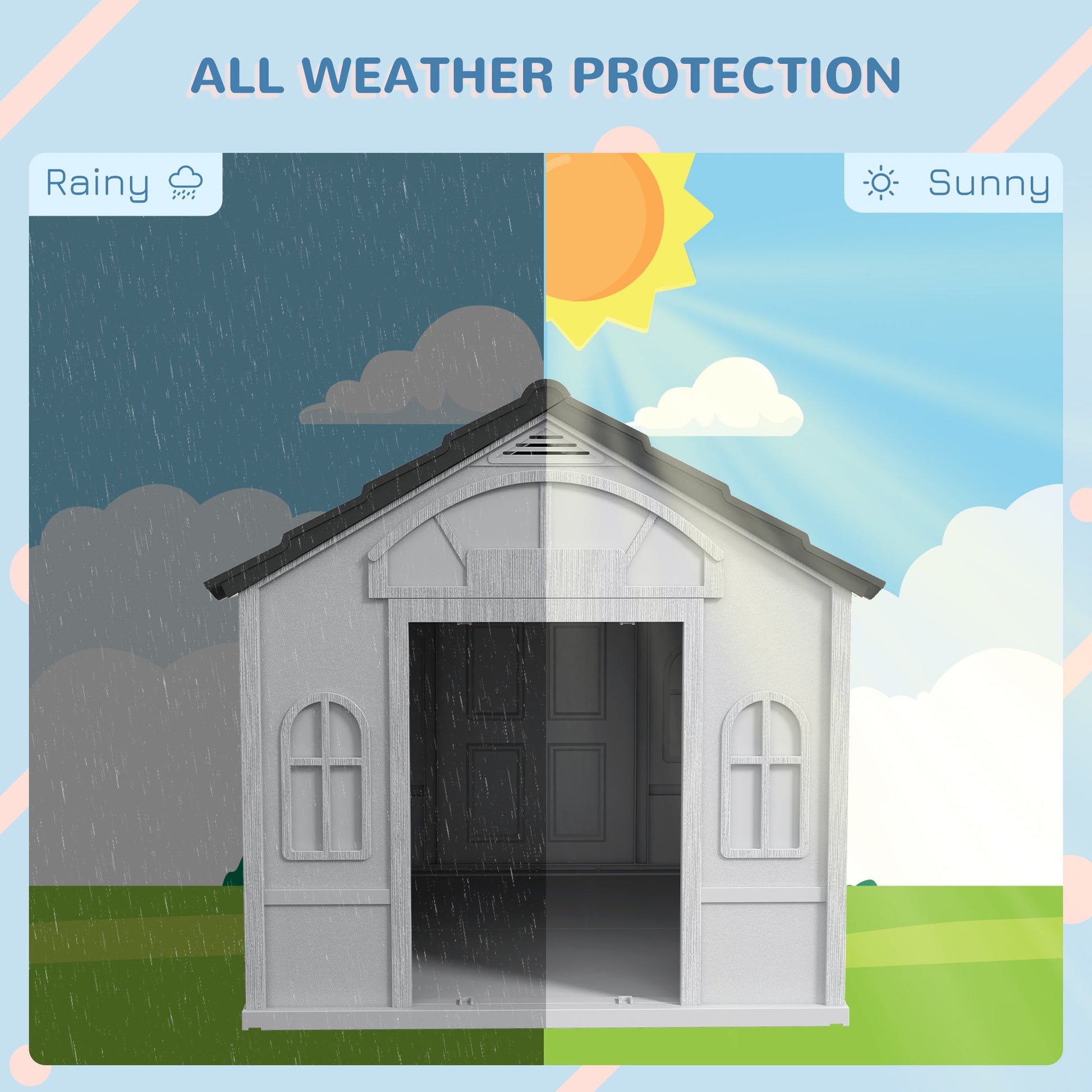 Plastic Dog House Outdoor Indoor, Weather-Resistant Dog Kennel, with Large Opening, for Large Dogs, 84.2 x 98.2 x 82cm - Grey