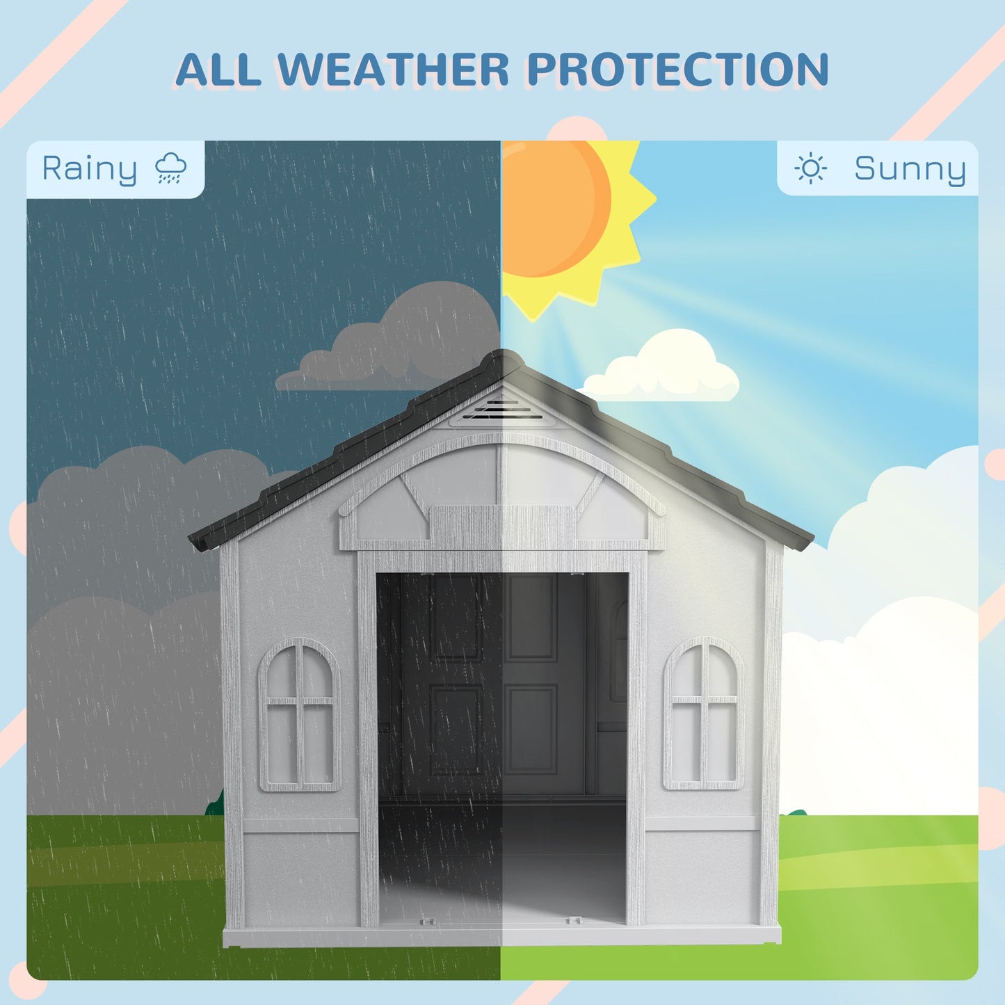 Plastic Dog House Outdoor Indoor, Weather-Resistant Dog Kennel, with Large Opening, for Large Dogs, 84.2 x 98.2 x 82cm - Grey