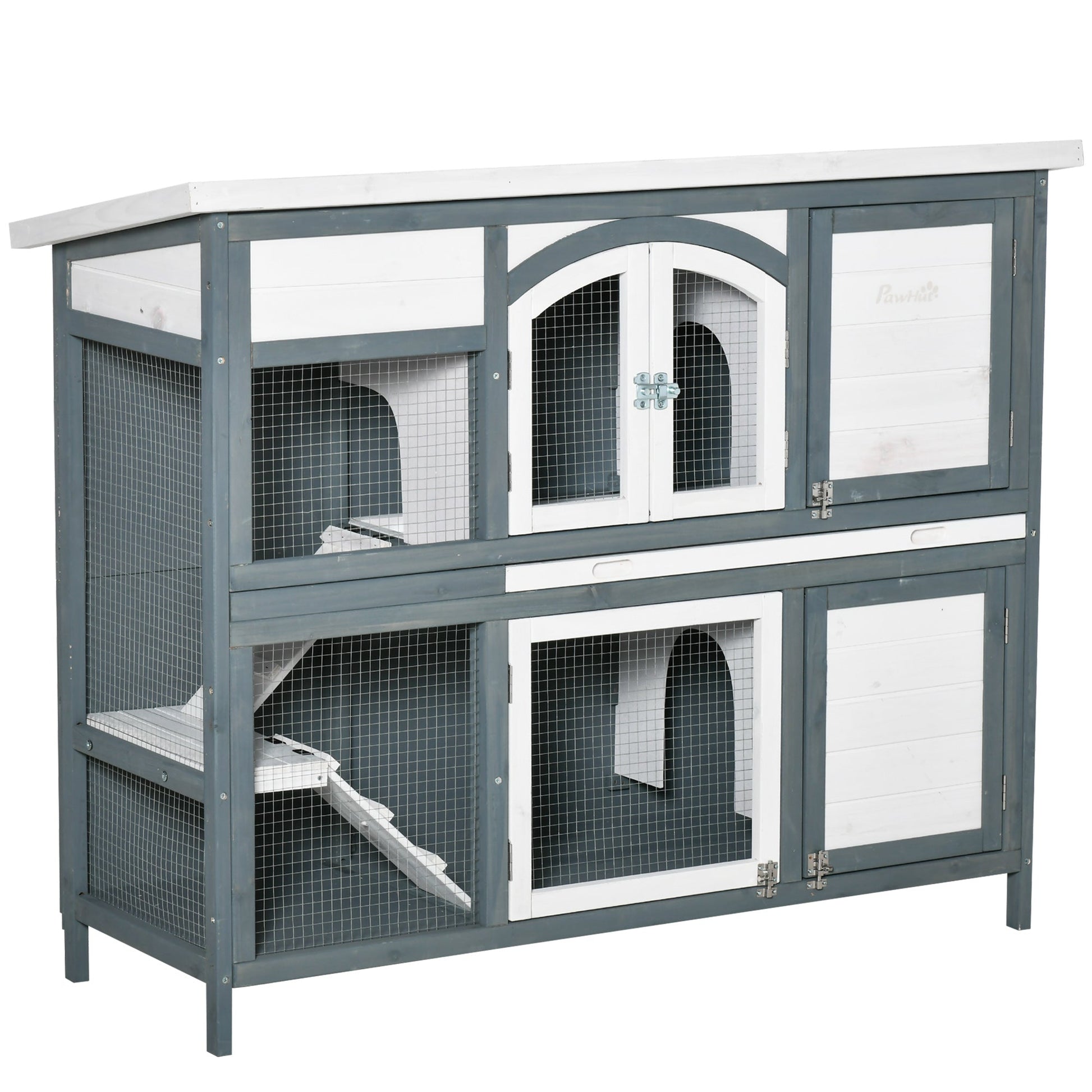 Rabbit Hutch Outdoor Guinea Pig Hutch 2 Tier Wooden Cage w/ Ramp, Divider, Openable Roof, 125 x 48 x 100cm - Grey