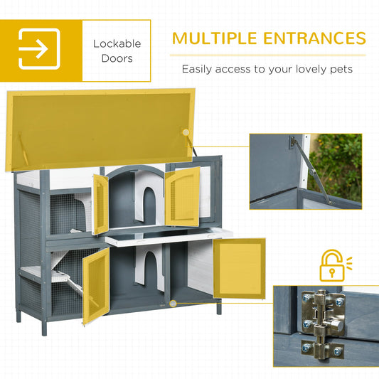 Rabbit Hutch Outdoor Guinea Pig Hutch 2 Tier Wooden Cage w/ Ramp, Divider, Openable Roof, 125 x 48 x 100cm - Grey