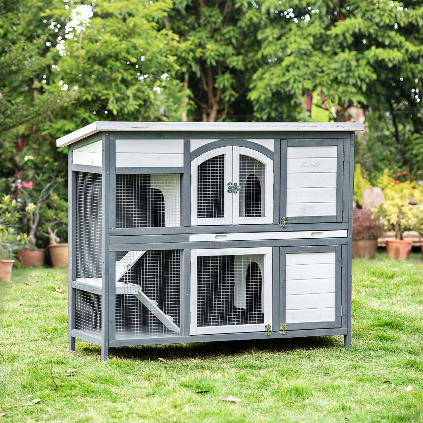 Rabbit Hutch Outdoor Guinea Pig Hutch 2 Tier Wooden Cage w/ Ramp, Divider, Openable Roof, 125 x 48 x 100cm - Grey