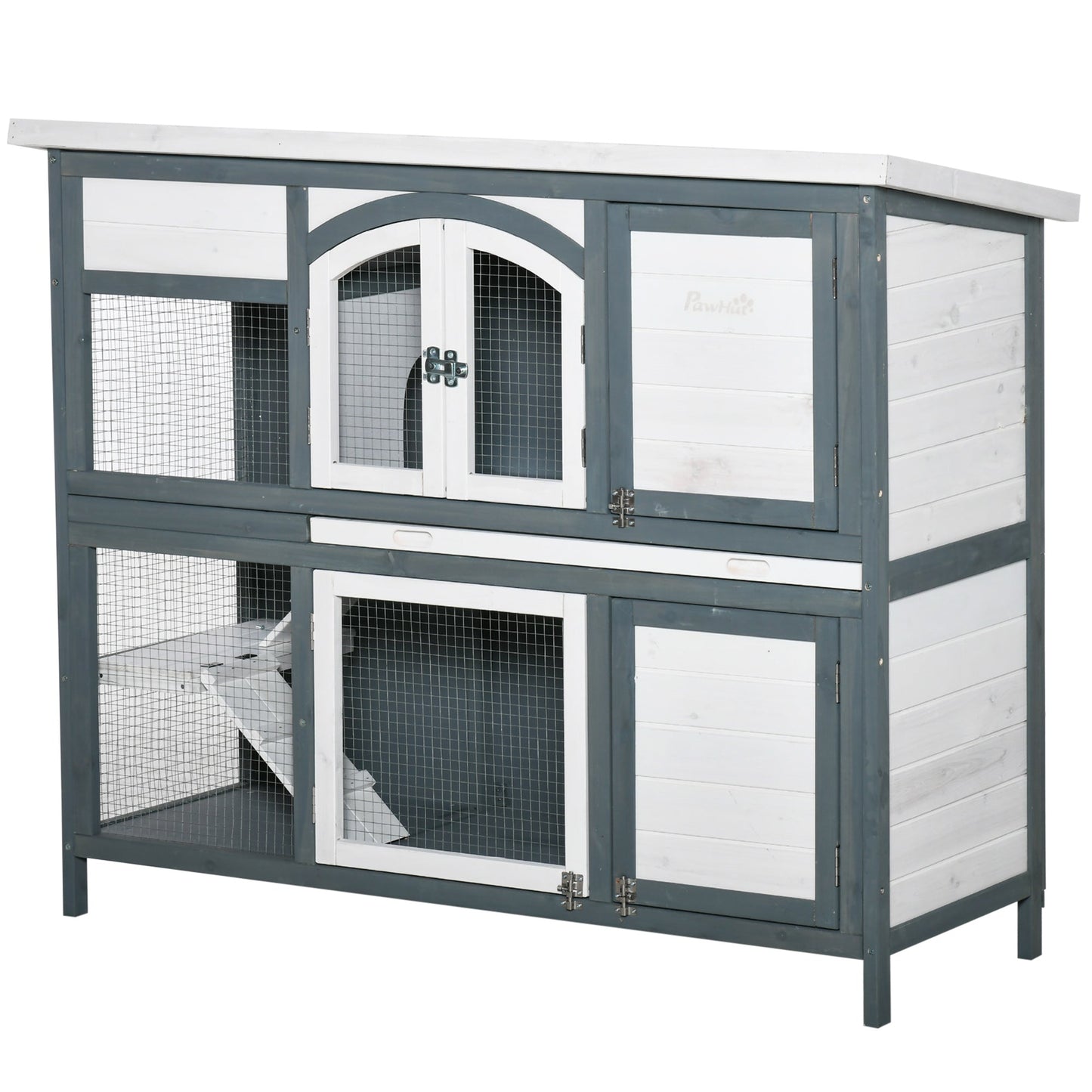 Rabbit Hutch Outdoor Guinea Pig Hutch 2 Tier Wooden Cage w/ Ramp, Divider, Openable Roof, 125 x 48 x 100cm - Grey