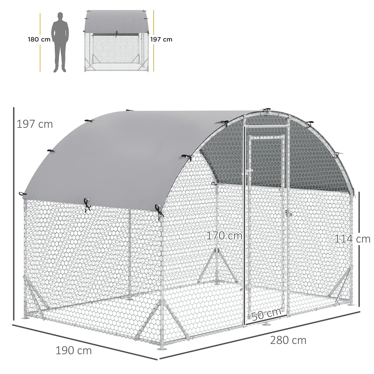 Walk In Chicken Run Galvanised Chicken Coop Hen Poultry House Cage Pet Playpen Garden with Water-Resist Cover, 2.8 x 1.9 x 2m