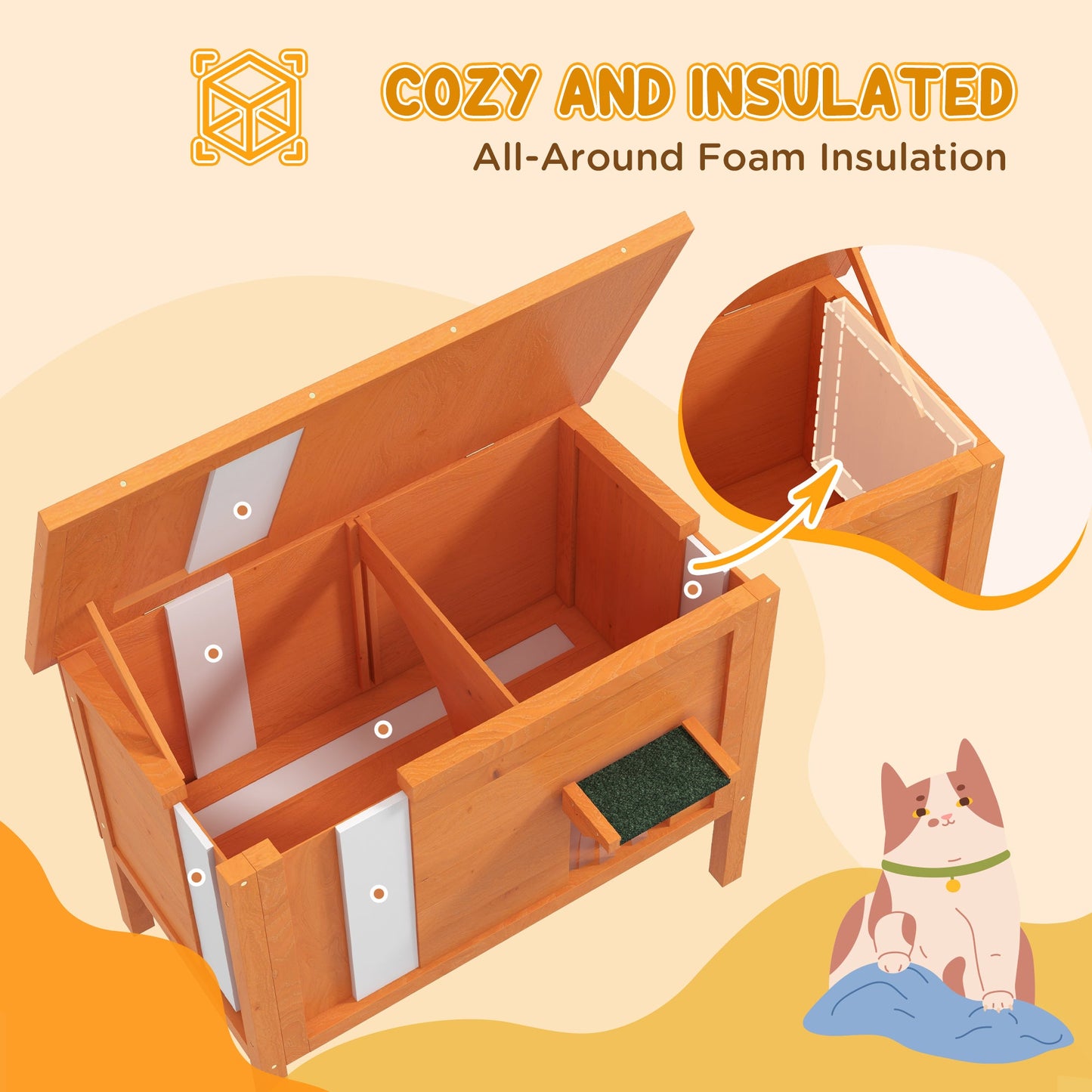 Outdoor Cat House, Feral Insulate Wooden Kitten House with Removable Floor, Water-Resistant Openable Roof, 85 x 50 x 68.5cm - Orange