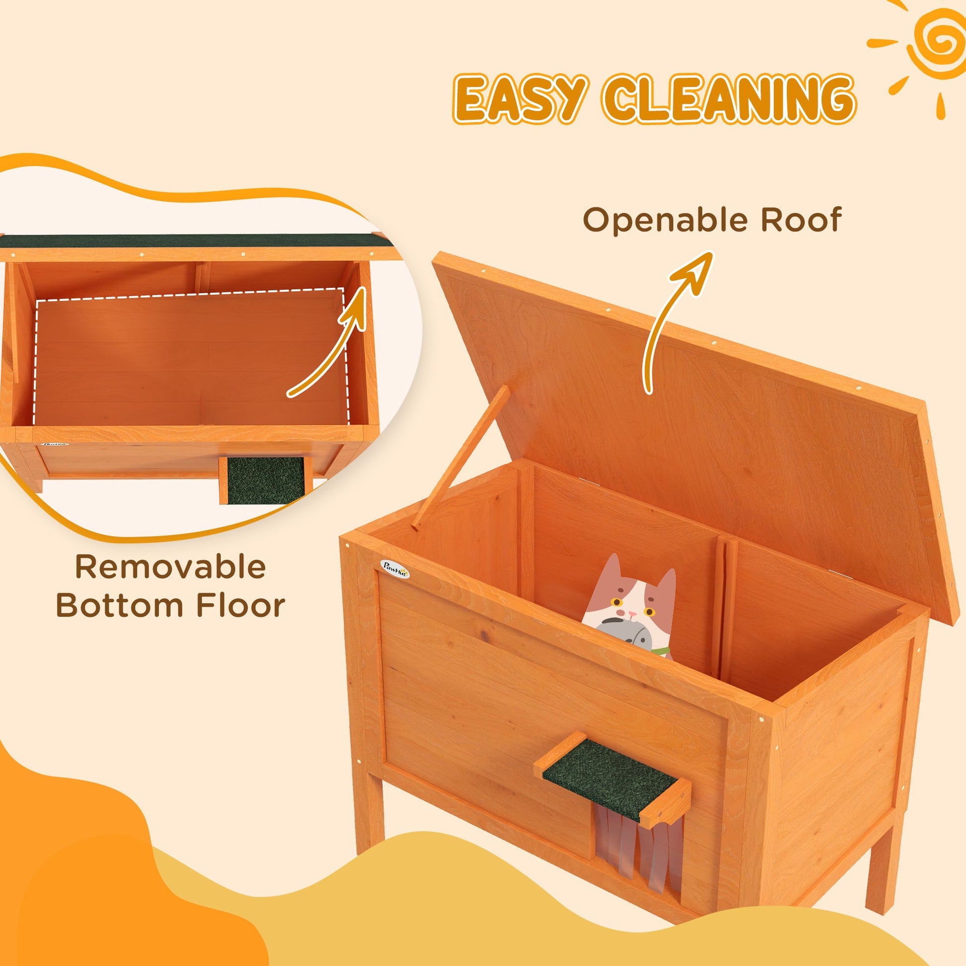 Outdoor Cat House, Feral Insulate Wooden Kitten House with Removable Floor, Water-Resistant Openable Roof, 85 x 50 x 68.5cm - Orange