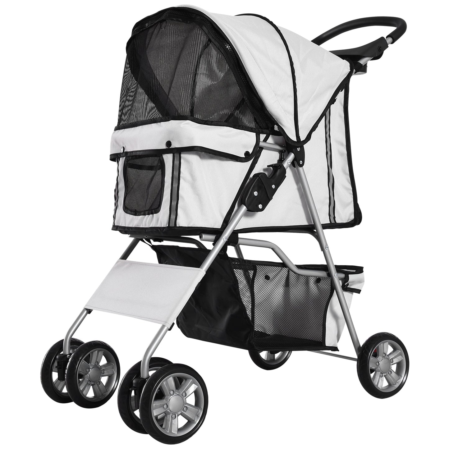 Pet Stroller for Small Miniature Dogs Cats Foldable Travel Carriage with Wheels Zipper Entry Cup Holder Storage Basket Grey