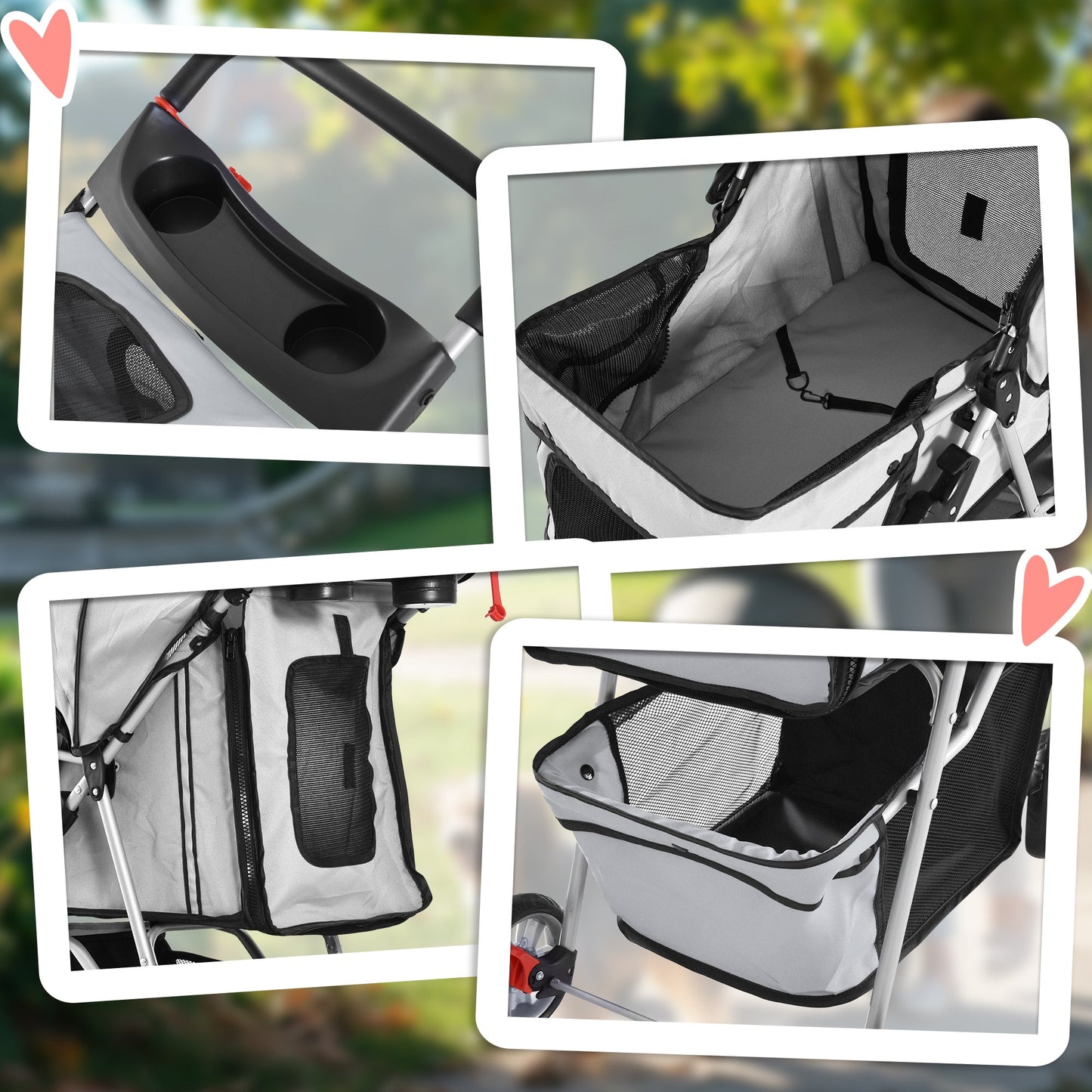 Pet Stroller for Small Miniature Dogs Cats Foldable Travel Carriage with Wheels Zipper Entry Cup Holder Storage Basket Grey