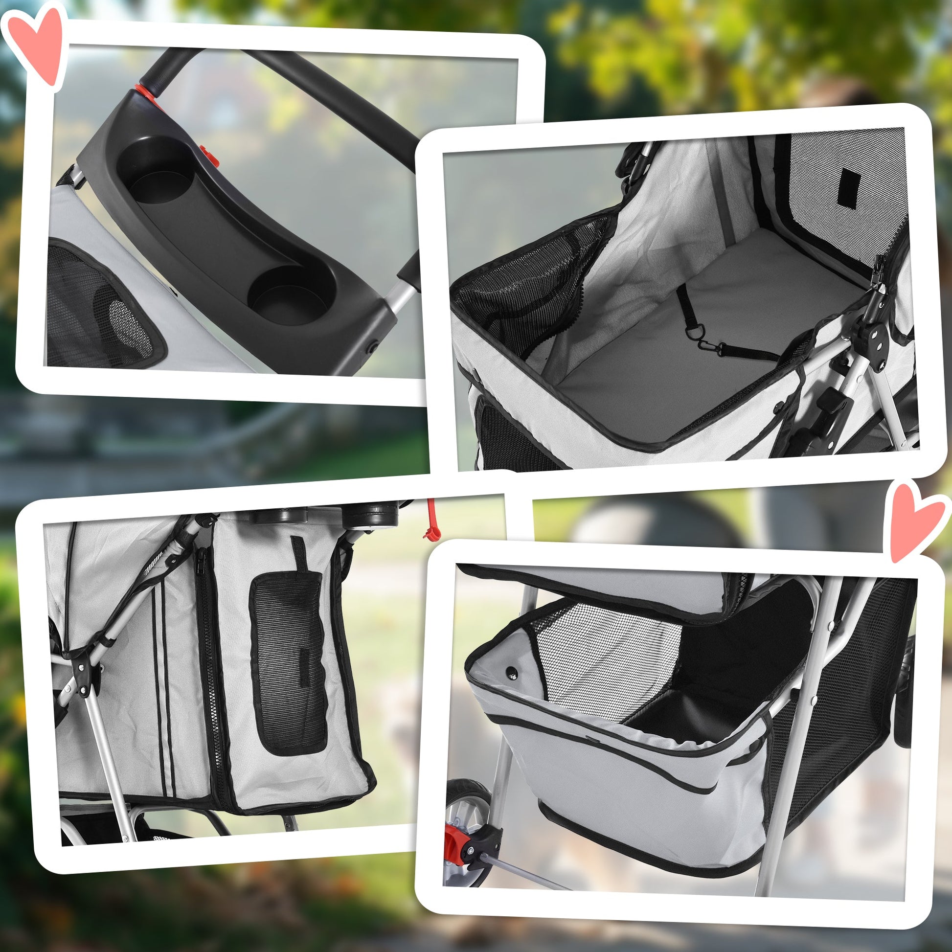 Pet Stroller for Small Miniature Dogs Cats Foldable Travel Carriage with Wheels Zipper Entry Cup Holder Storage Basket Grey
