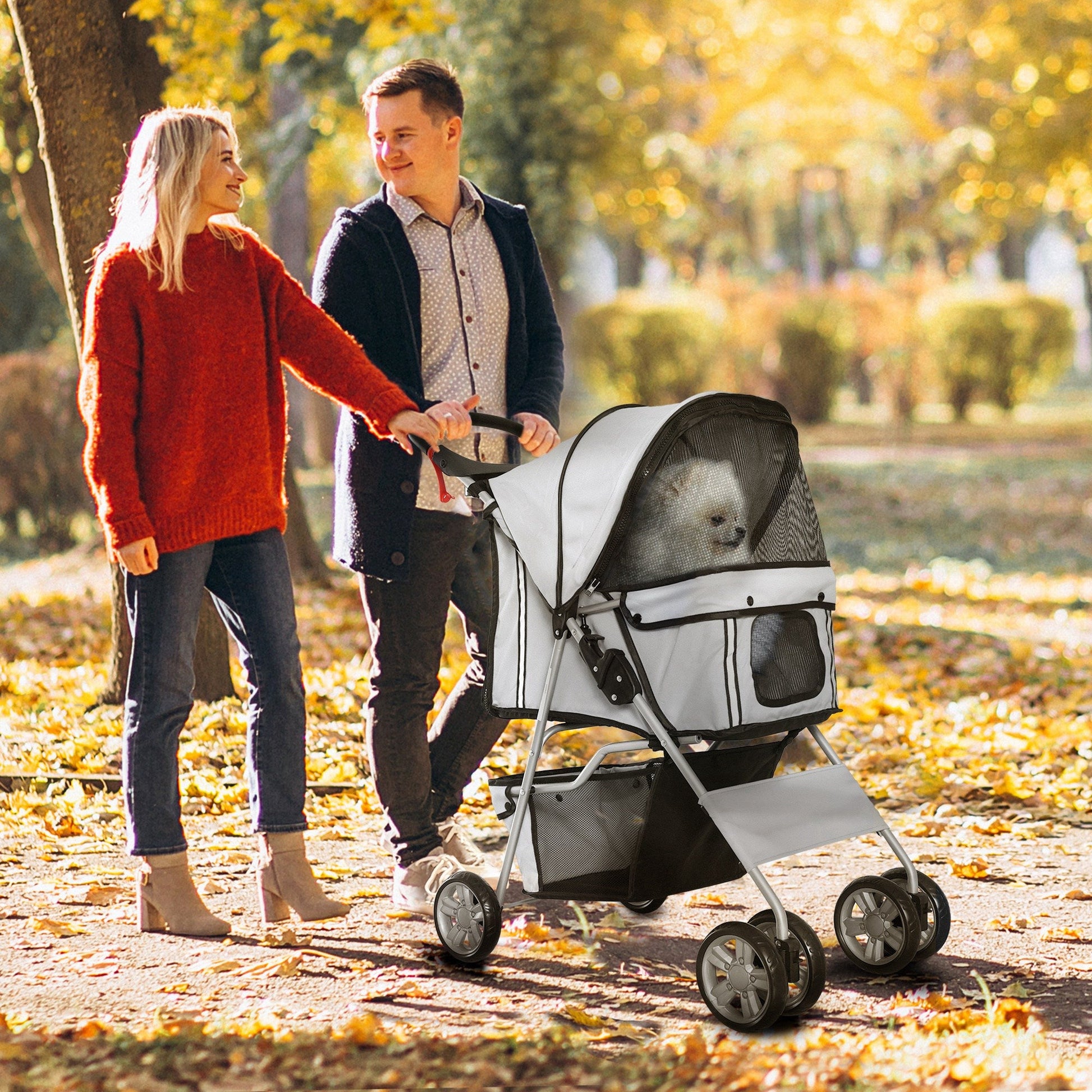 Pet Stroller for Small Miniature Dogs Cats Foldable Travel Carriage with Wheels Zipper Entry Cup Holder Storage Basket Grey