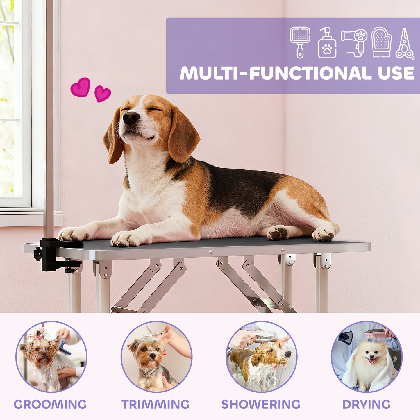 32" Foldable Dog Grooming Table Pet Drying Beauty Table with 20-60cm Adjustable Arm, Rubber Top, Black