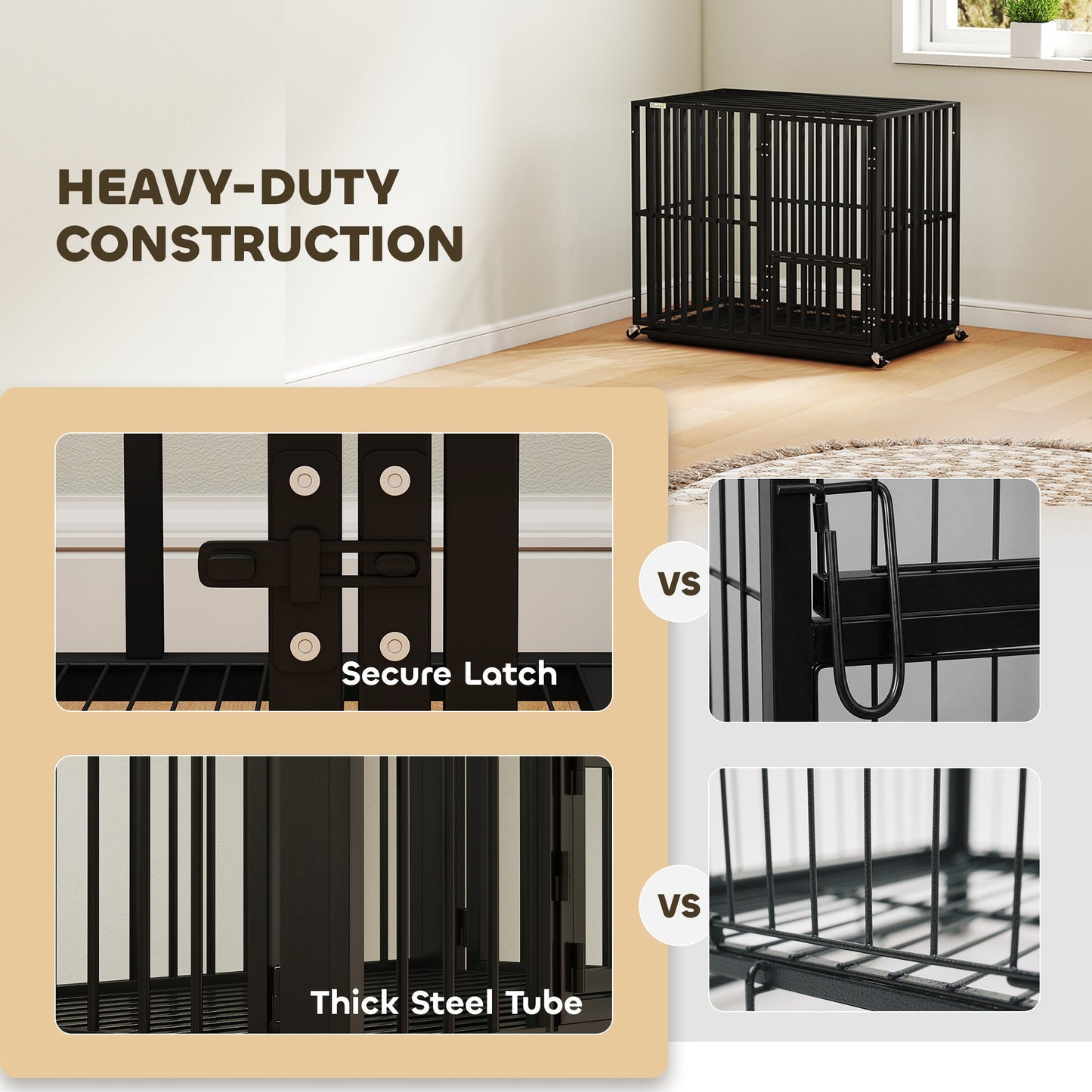 Heavy Duty Dog Crate, Dog Cage with Wheels for Medium Large Breeds, Metal Pet Crate with Removable Tray and 3 Doors for Indoor & Outdoor, 95 x 57 x 81 cm, Black