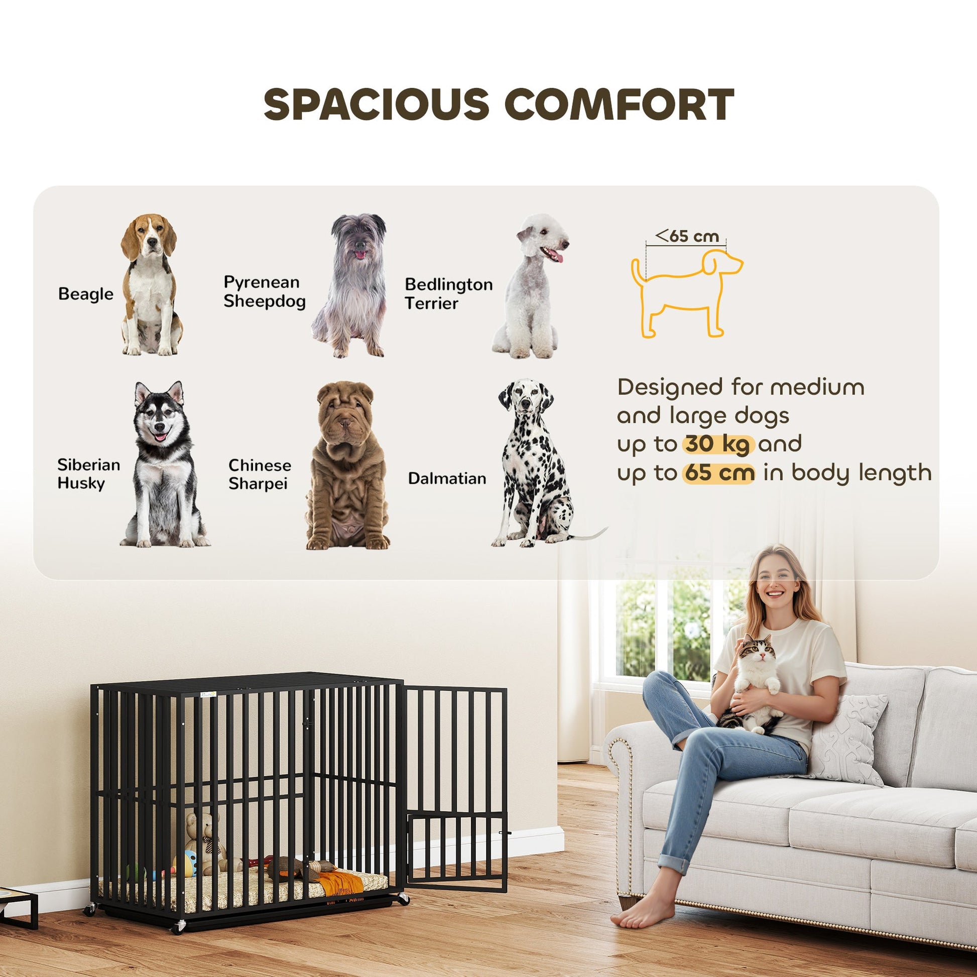Heavy Duty Dog Crate, Dog Cage with Wheels for Medium Large Breeds, Metal Pet Crate with Removable Tray and 3 Doors for Indoor & Outdoor, 95 x 57 x 81 cm, Black