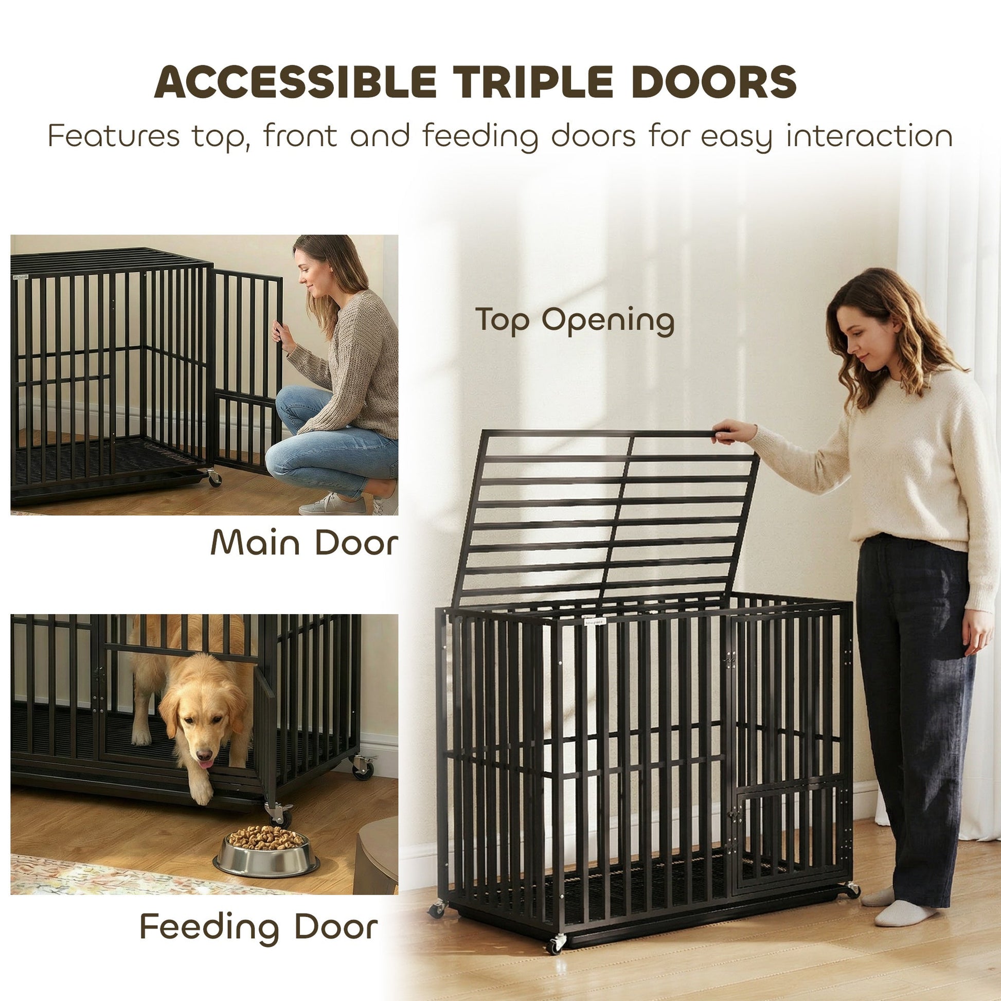 Heavy Duty Dog Crate, Dog Cage with Wheels for Medium Large Breeds, Metal Pet Crate with Removable Tray and 3 Doors for Indoor & Outdoor, 95 x 57 x 81 cm, Black