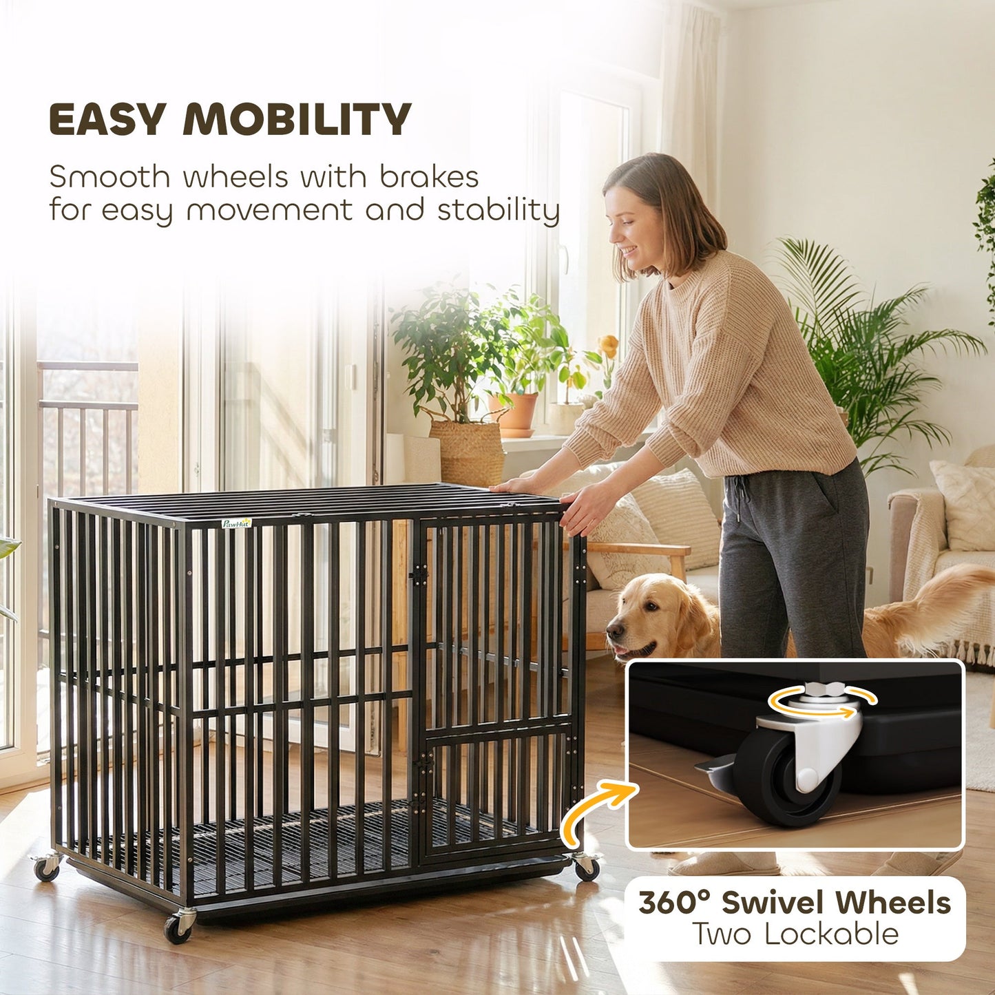Heavy Duty Dog Crate, Dog Cage with Wheels for Medium Large Breeds, Metal Pet Crate with Removable Tray and 3 Doors for Indoor & Outdoor, 95 x 57 x 81 cm, Black