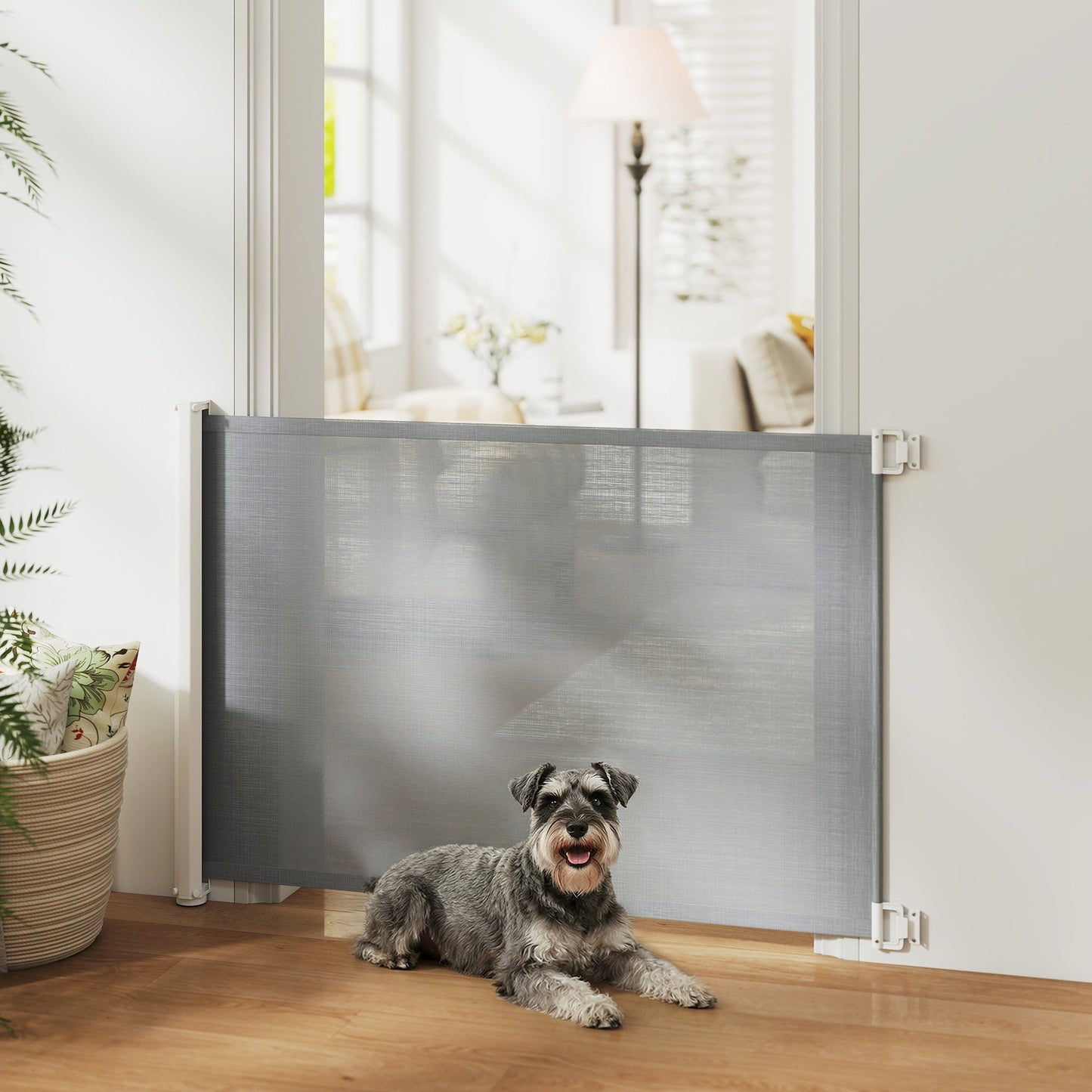 Retractable Stair Gate for Dogs, Pet Mesh Safety Gate, 82.5cm Tall, Extends up to 115cm for Doorways, Stairs, Hallways, Indoor Outdoor, Grey