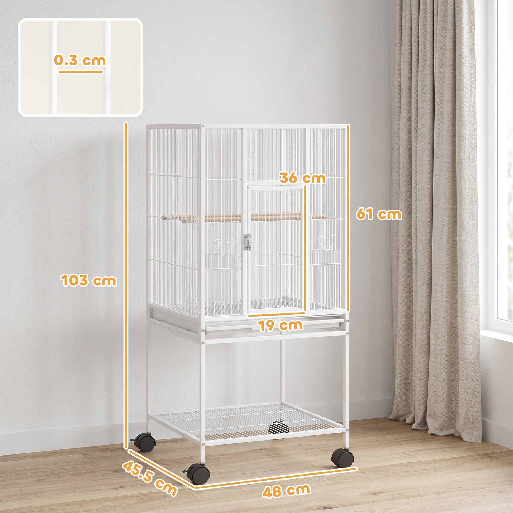 Detachable Bird Cage on Wheels, for Finches, Parakeets, Budgies, Budgie Cage, Parrot Aviary with Accessories, Storage Shelf - White