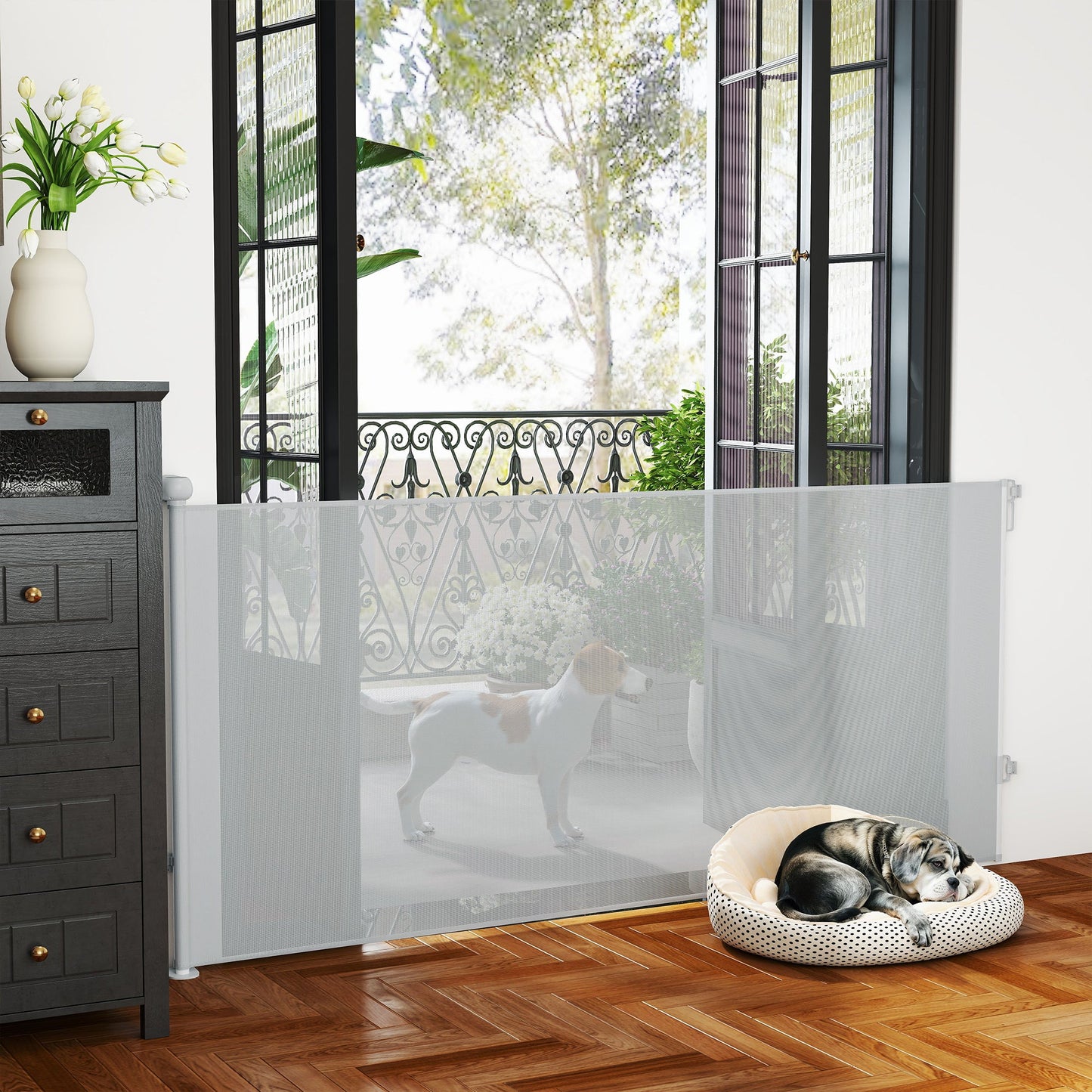 Retractable Stair Gate for Dogs, Extra Wide Dog Gate Extends Up to 180 cm Wide, 86.5 cm Tall, for Doorways, Stairways, Hallways, Indoor and Outdoor, Grey