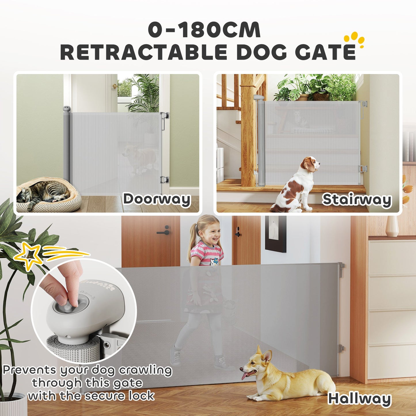 Retractable Stair Gate for Dogs, Extra Wide Dog Gate Extends Up to 180 cm Wide, 86.5 cm Tall, for Doorways, Stairways, Hallways, Indoor and Outdoor, Grey