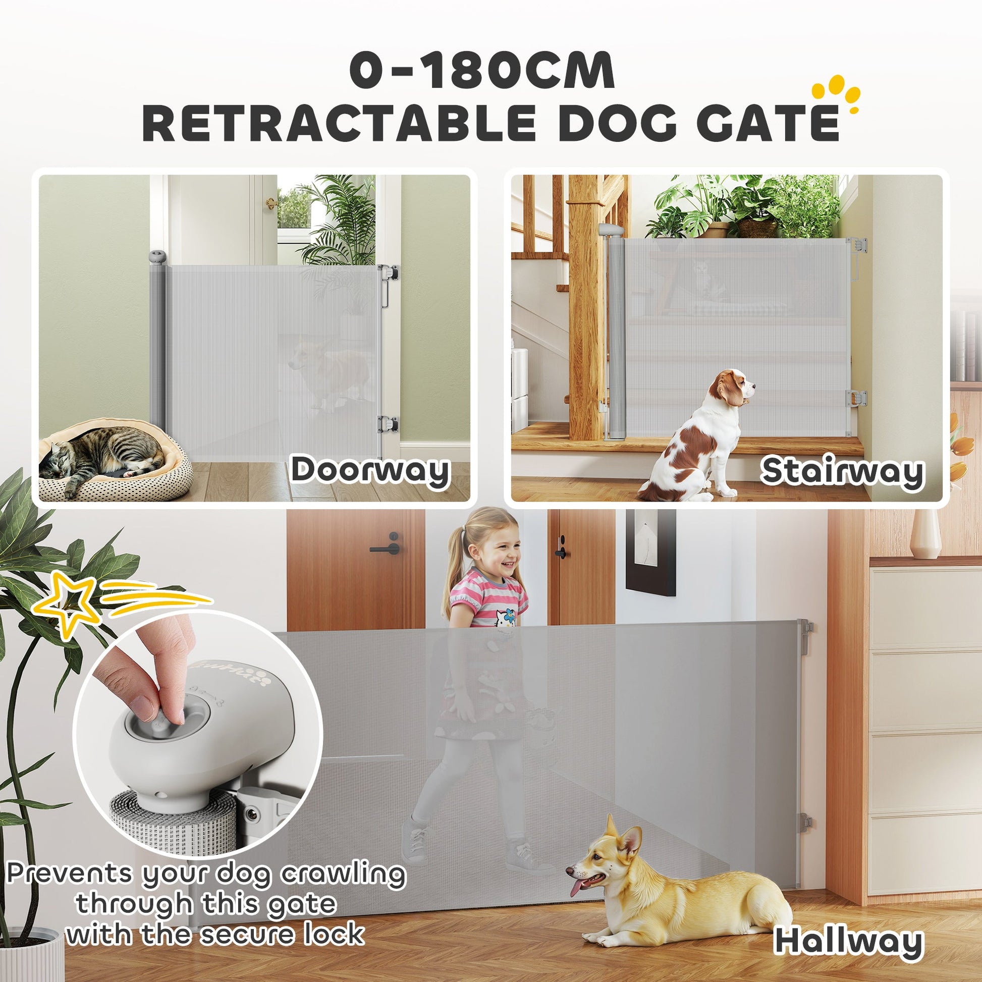 Retractable Stair Gate for Dogs, Extra Wide Dog Gate Extends Up to 180 cm Wide, 86.5 cm Tall, for Doorways, Stairways, Hallways, Indoor and Outdoor, Grey