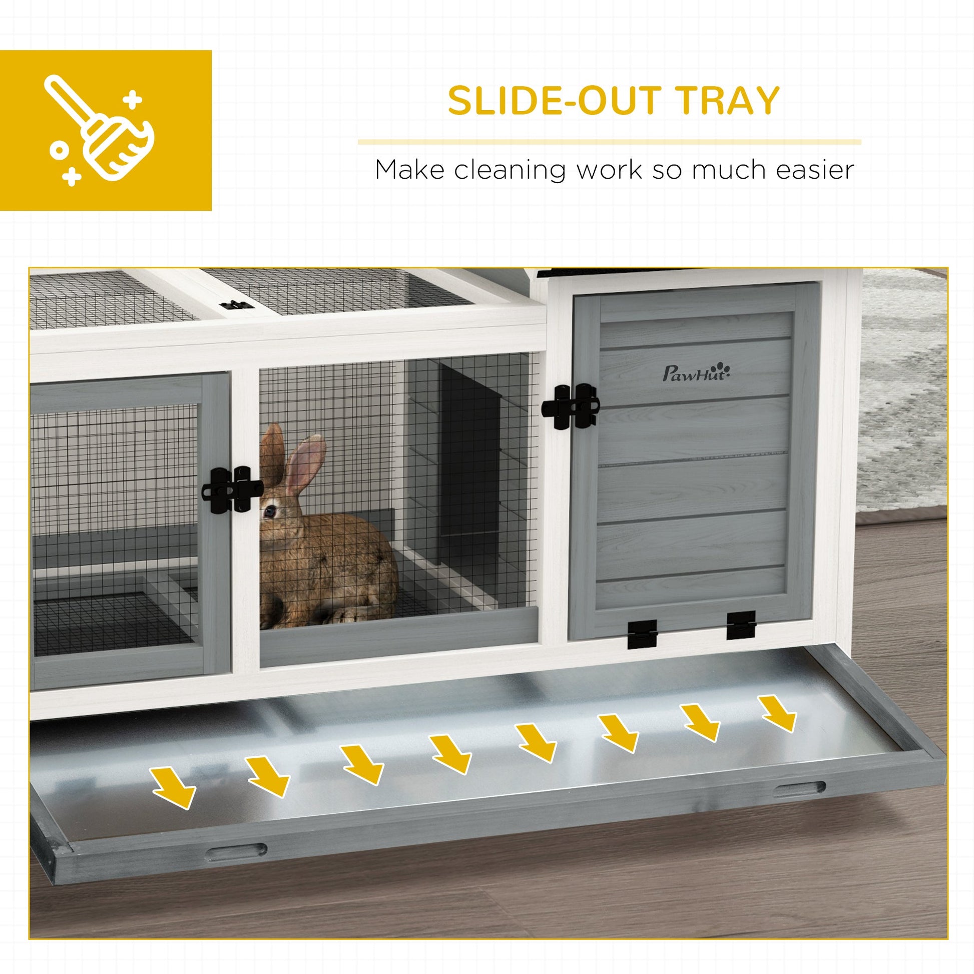 Wooden Rabbit Hutch with Wheels, Guinea Pig Cage, Small Animal House for Outdoor & Indoor with Slide-out Tray, 108 x 58 x 73.5cm, Grey