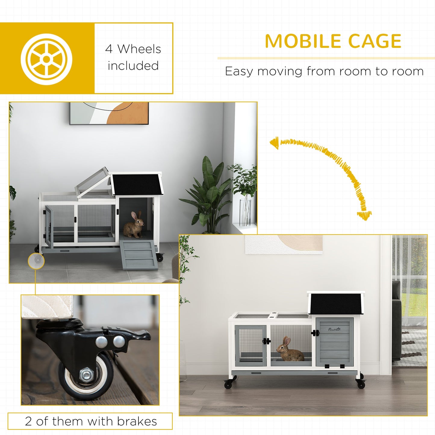 Wooden Rabbit Hutch with Wheels, Guinea Pig Cage, Small Animal House for Outdoor & Indoor with Slide-out Tray, 108 x 58 x 73.5cm, Grey