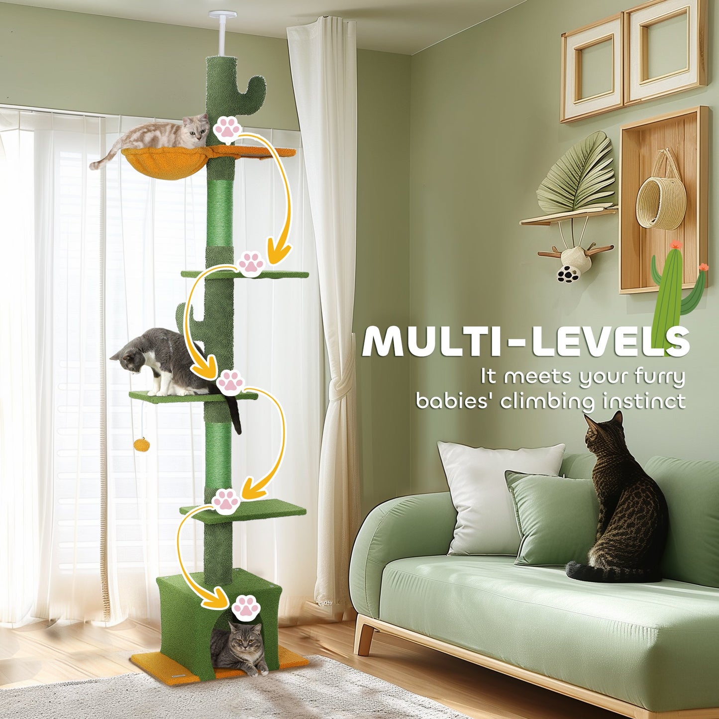 Floor-to-Ceiling Cat Tree, 230-275cm Height Adjustable Cat Tower, 6-Level Activity Centre for Indoor Cats with Scratching Posts, Cat House, Hammock, Toy Ball, Green