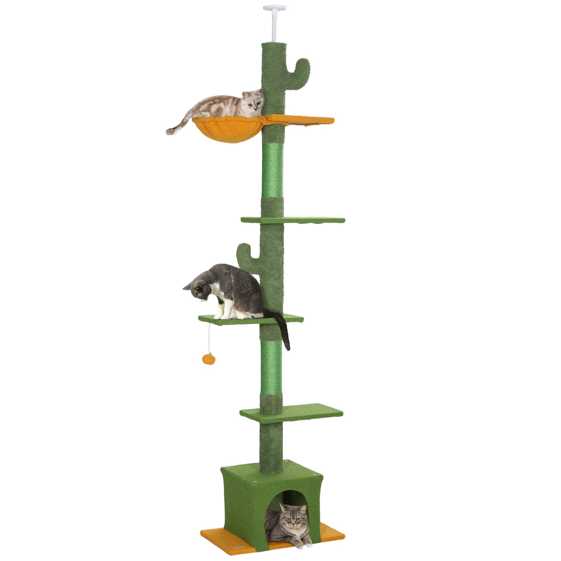 Floor-to-Ceiling Cat Tree, 230-275cm Height Adjustable Cat Tower, 6-Level Activity Centre for Indoor Cats with Scratching Posts, Cat House, Hammock, Toy Ball, Green