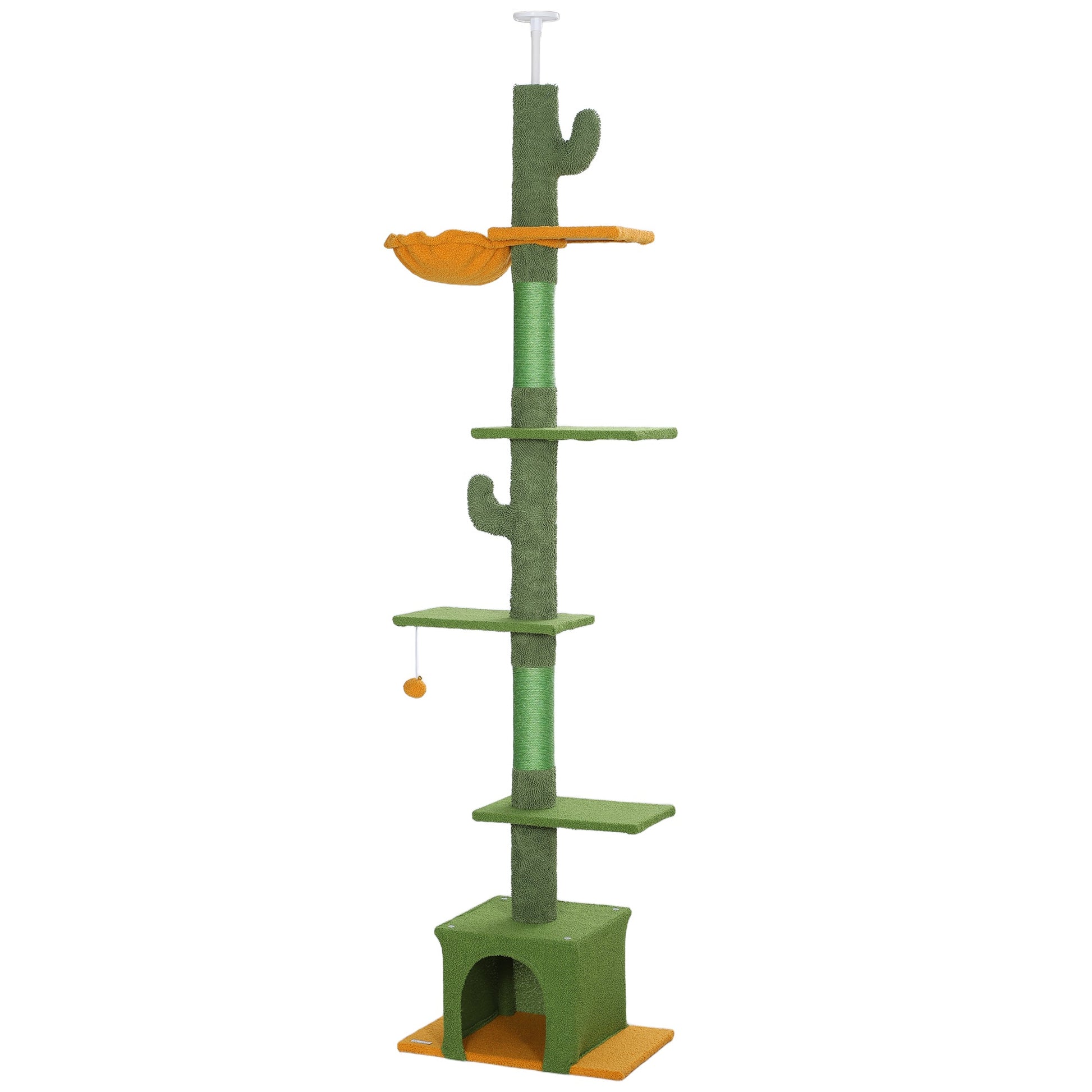 Floor-to-Ceiling Cat Tree, 230-275cm Height Adjustable Cat Tower, 6-Level Activity Centre for Indoor Cats with Scratching Posts, Cat House, Hammock, Toy Ball, Green